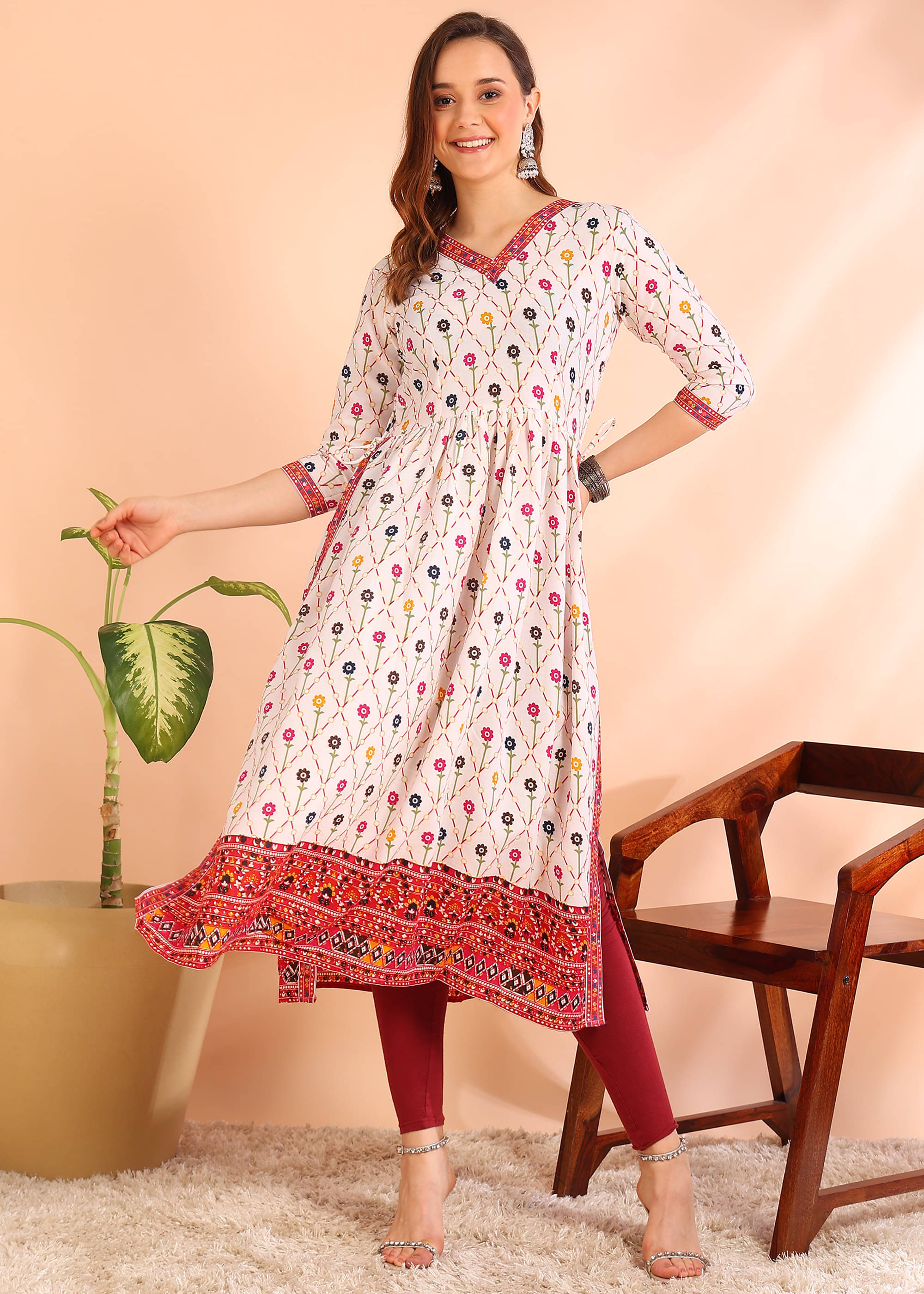 DSK STUDIO Pack of 1 Cotton Printed Nayra Women's Kurti - ( Red ) DSK STUDIO Pack of 1 Cotton Printed Nayra Women's Kurti - ( Red )