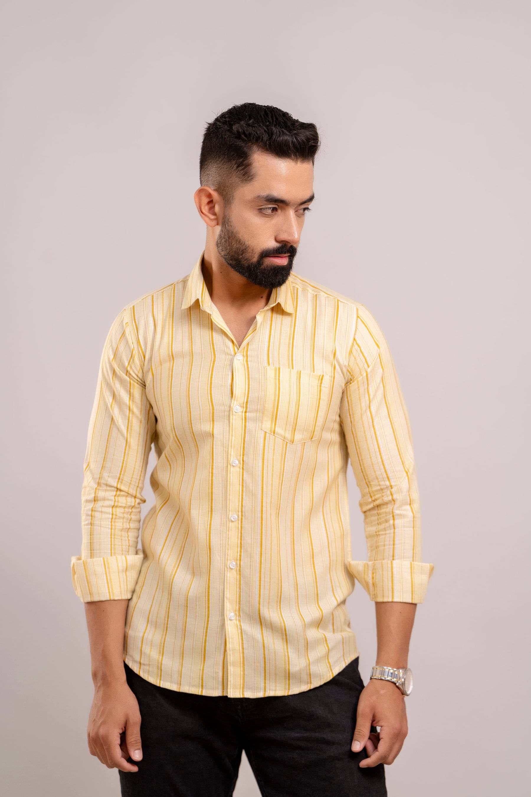     			Frionkandy 100% Cotton Regular Fit Striped Full Sleeves Men's Casual Shirt - Yellow ( Pack of 1 )
