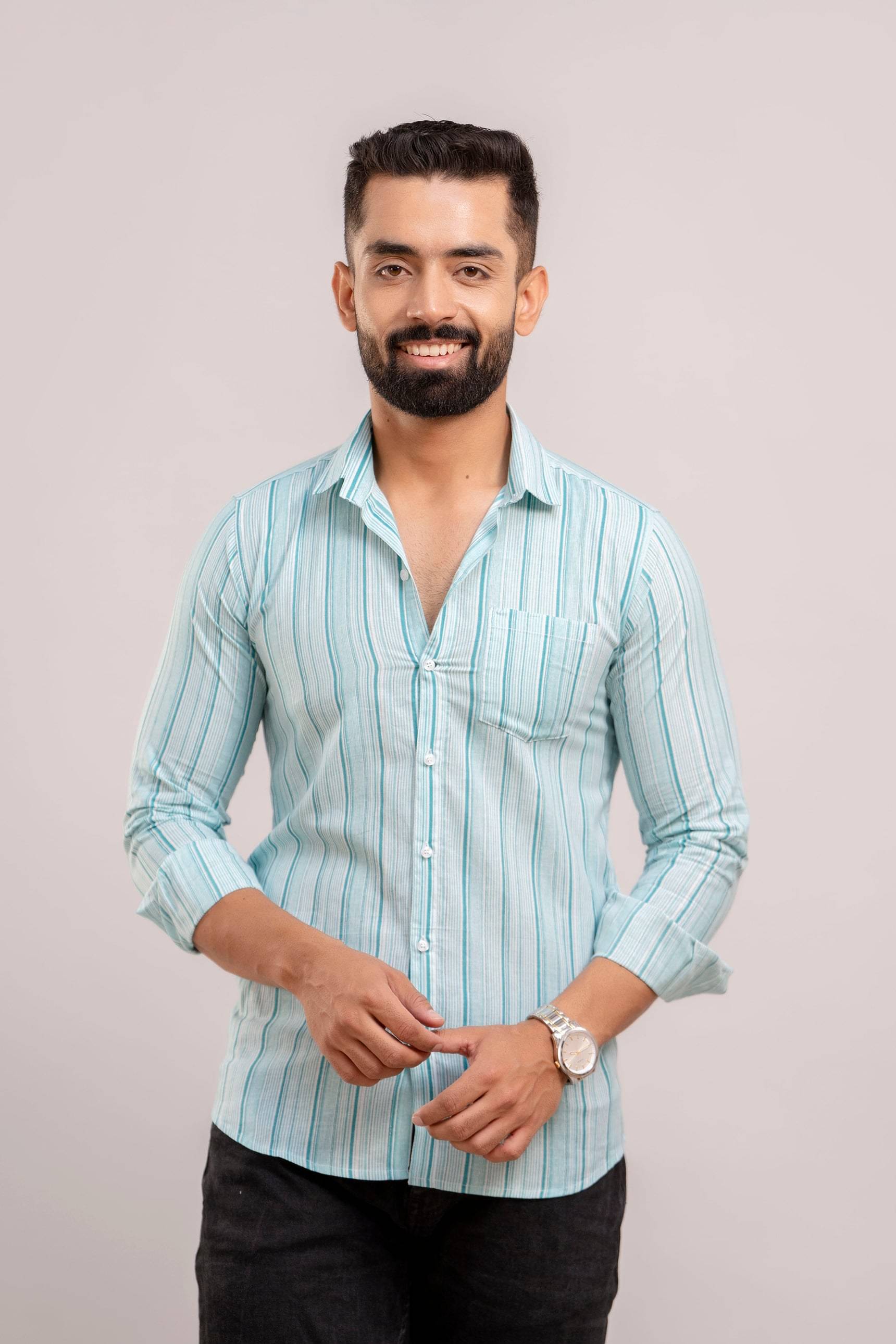     			Frionkandy 100% Cotton Regular Fit Striped Full Sleeves Men's Casual Shirt - Light Blue ( Pack of 1 )