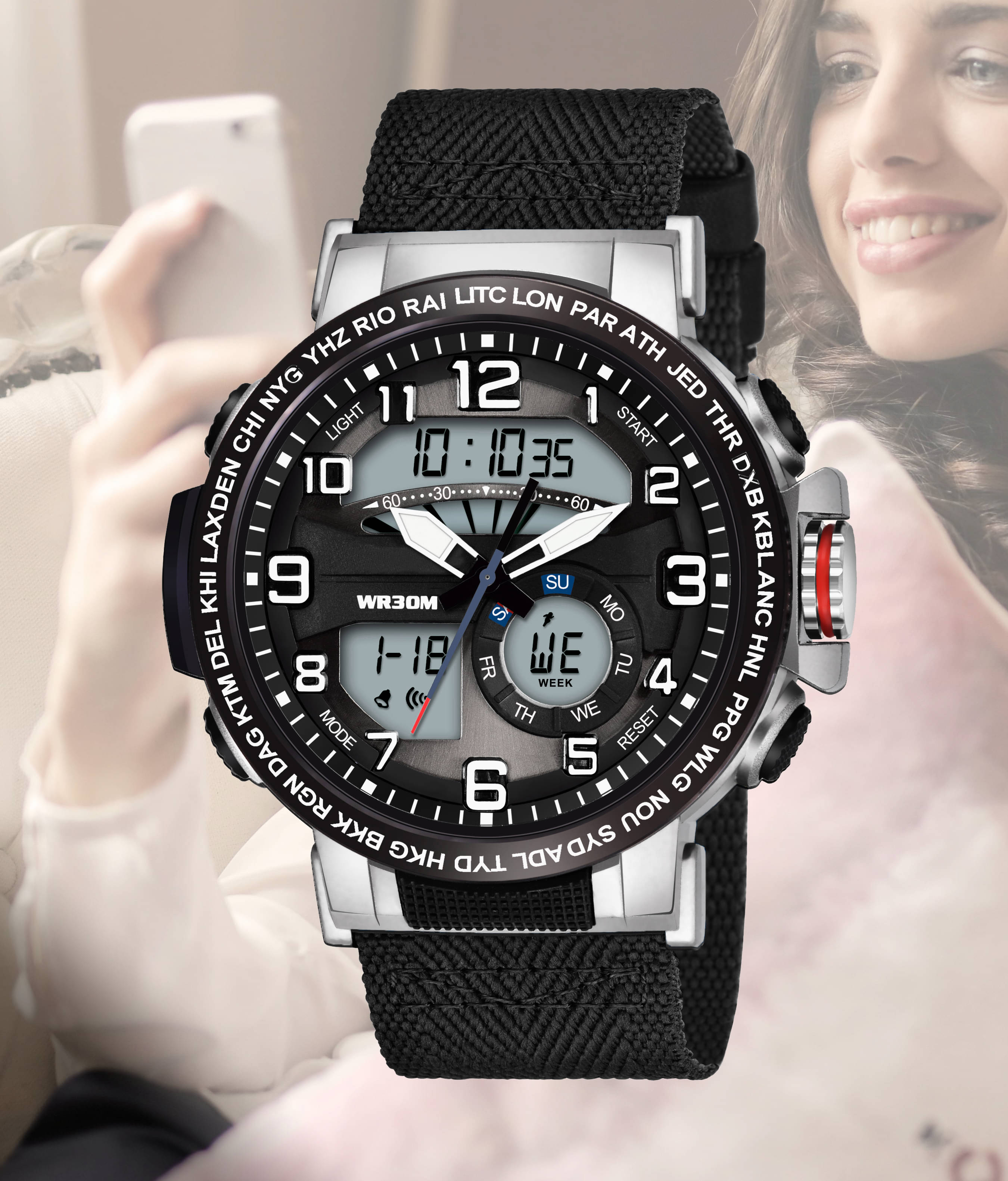     			Harbor Black Fabric Analog-Digital Men's Watch