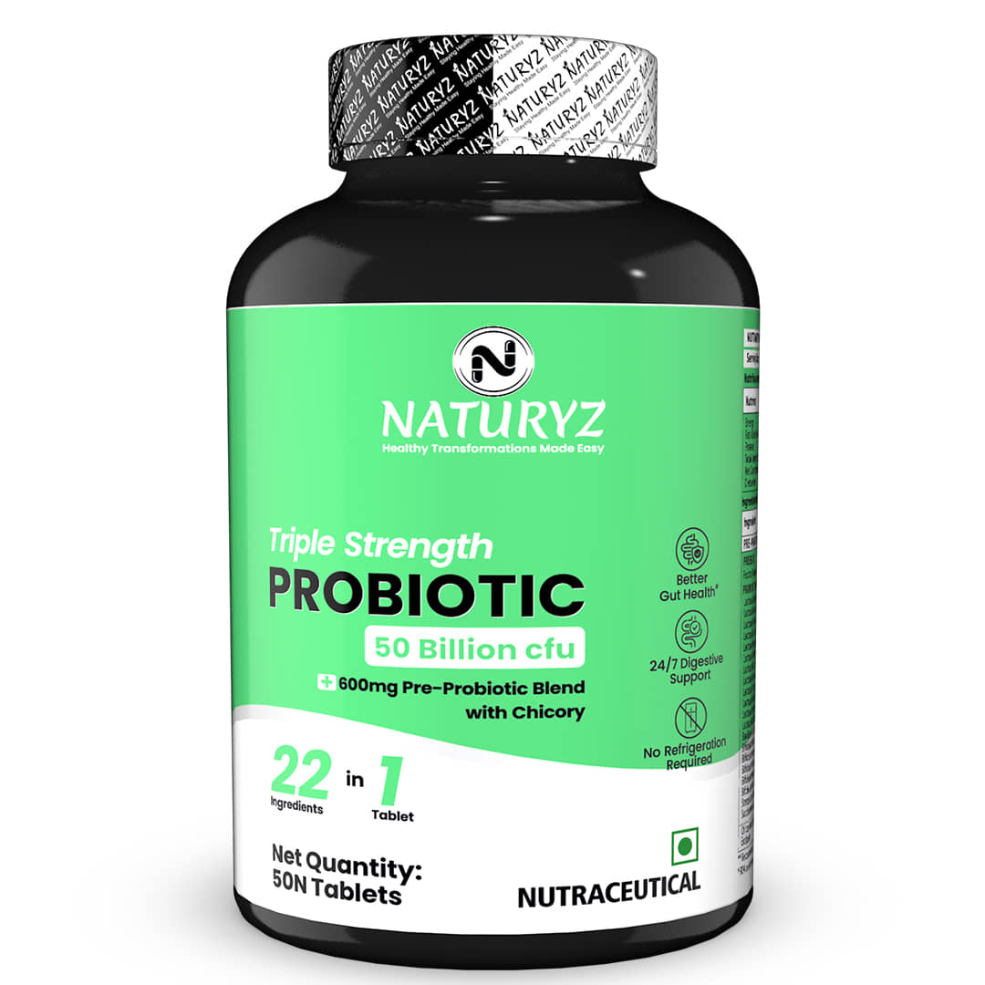 NATURYZ Triple Strength Probiotic 50 Bn CFU & 600mg Prebiotics for Gut health - 50 Tablets
