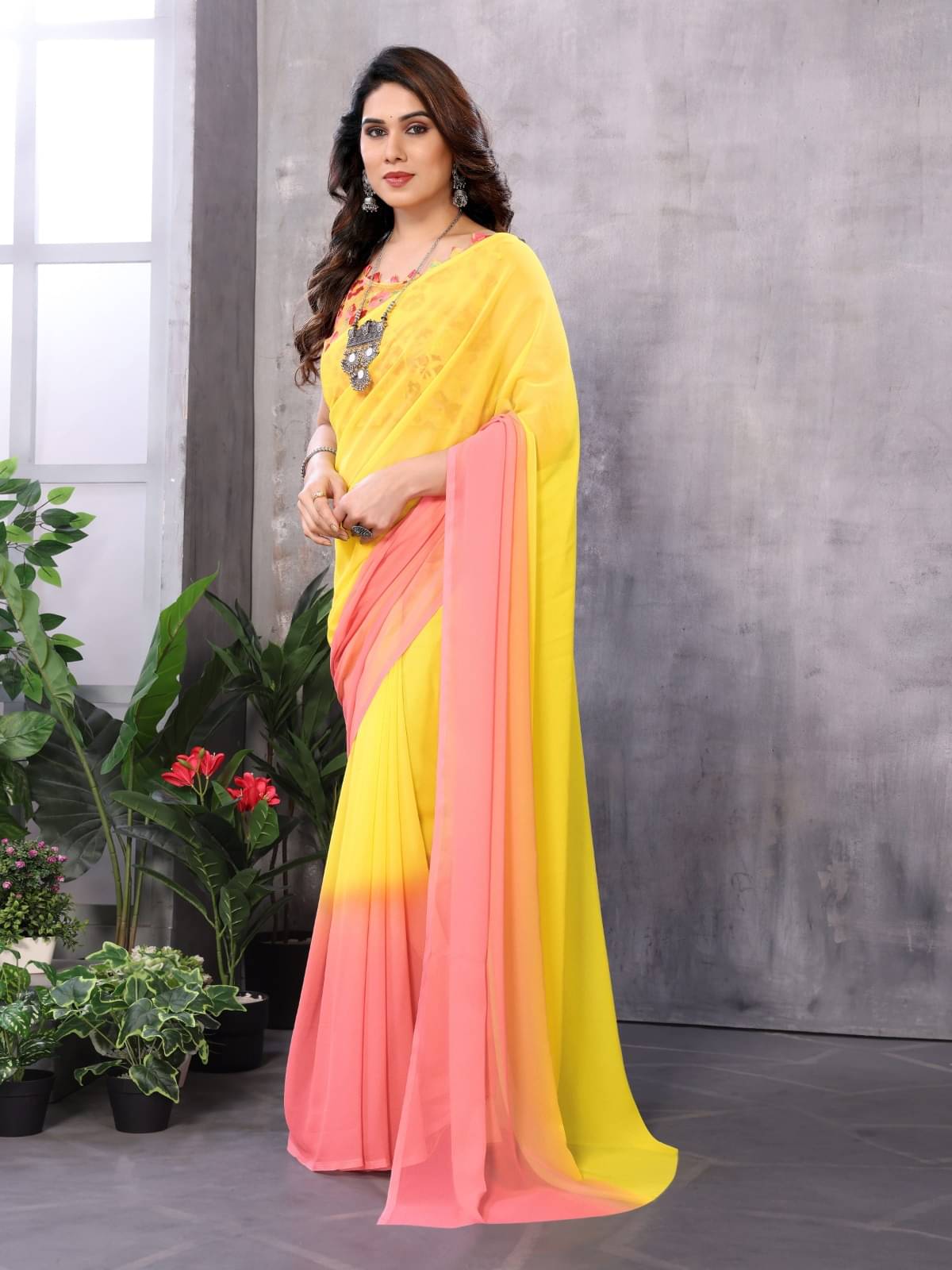 PHORIA STYLE Chiffon Solid Saree With Unstitched Blouse Piece ( Pink,Yellow ) PHORIA STYLE Chiffon Solid Saree With Unstitched Blouse Piece ( Pink,Yellow )