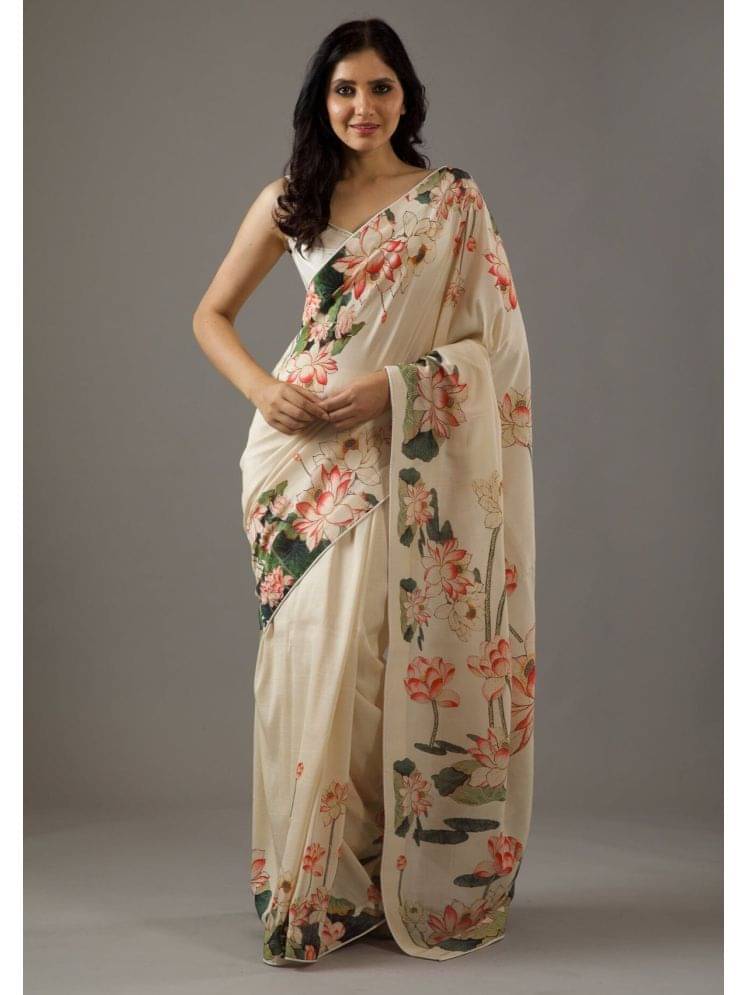 PHORIA STYLE Crepe Printed Saree With Unstitched Blouse Piece ( Off White ) PHORIA STYLE Crepe Printed Saree With Unstitched Blouse Piece ( Off White )