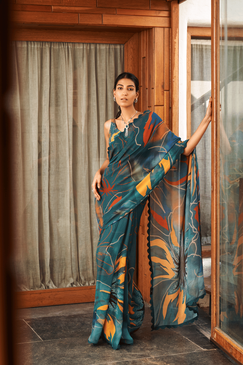     			PHORIA STYLE Crepe Printed Saree With Unstitched Blouse Piece ( LightBLue,Rama )