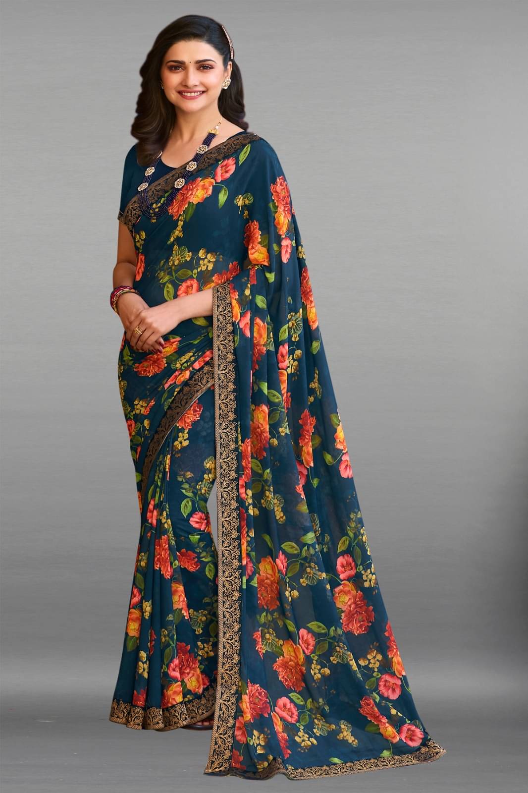 PHORIA STYLE Georgette Printed Saree With Unstitched Blouse Piece ( Navy Blue ) PHORIA STYLE Georgette Printed Saree With Unstitched Blouse Piece ( Navy Blue )