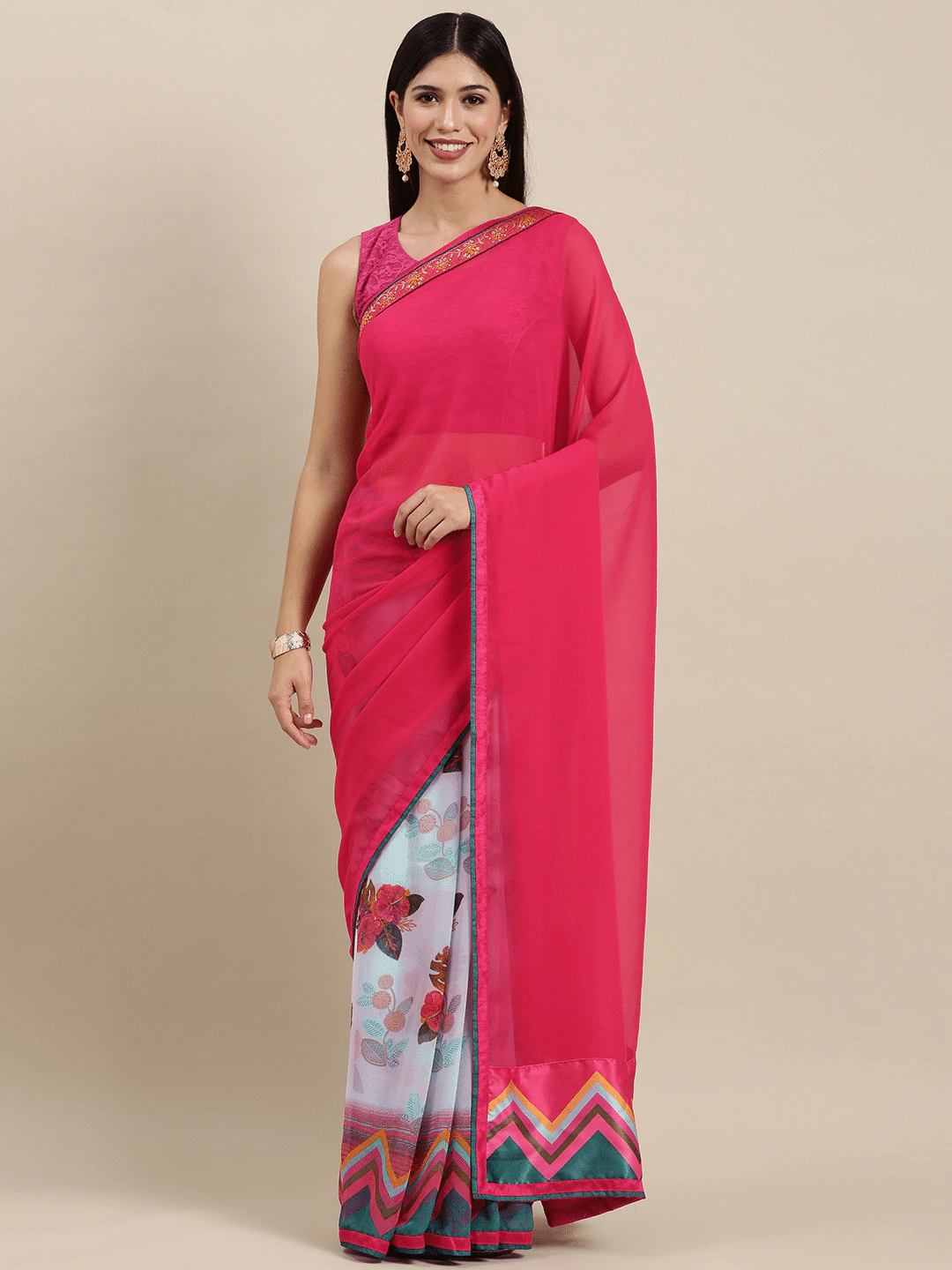 PHORIA STYLE Georgette Printed Saree With Unstitched Blouse Piece ( Pink ) PHORIA STYLE Georgette Printed Saree With Unstitched Blouse Piece ( Pink )