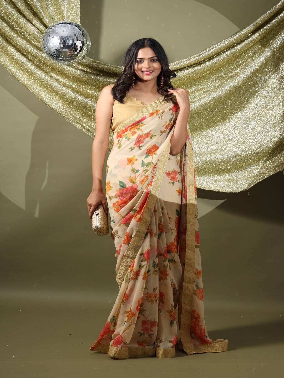 PHORIA STYLE Georgette Printed Saree With Unstitched Blouse Piece ( Cream ) PHORIA STYLE Georgette Printed Saree With Unstitched Blouse Piece ( Cream )