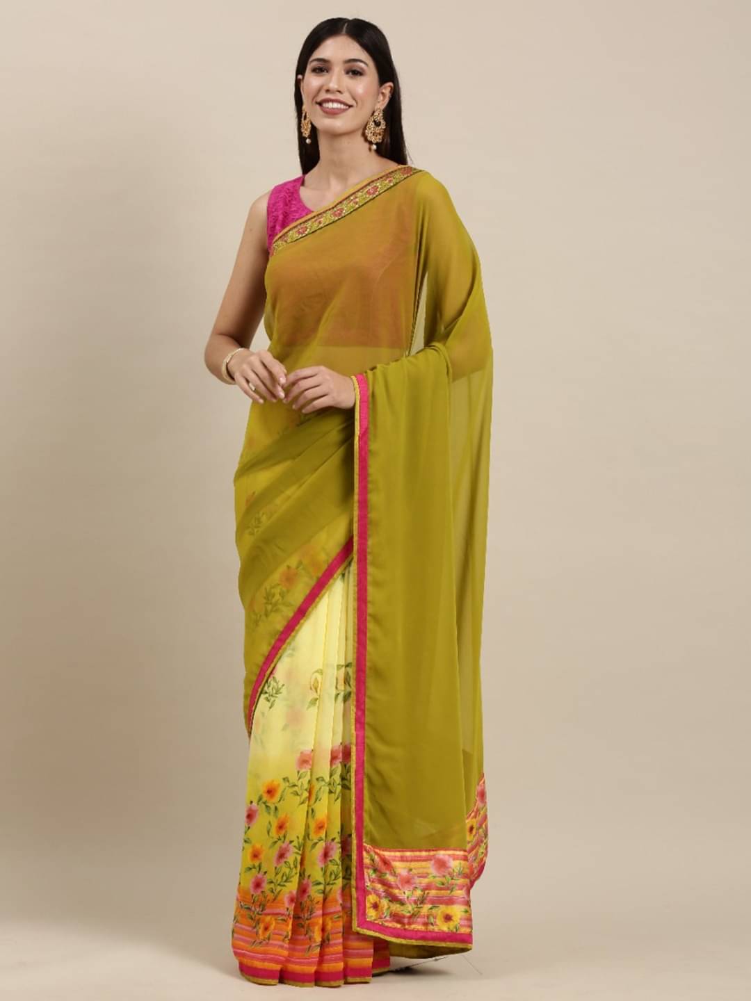 PHORIA STYLE Georgette Printed Saree With Unstitched Blouse Piece ( Light Green ) PHORIA STYLE Georgette Printed Saree With Unstitched Blouse Piece ( Light Green )