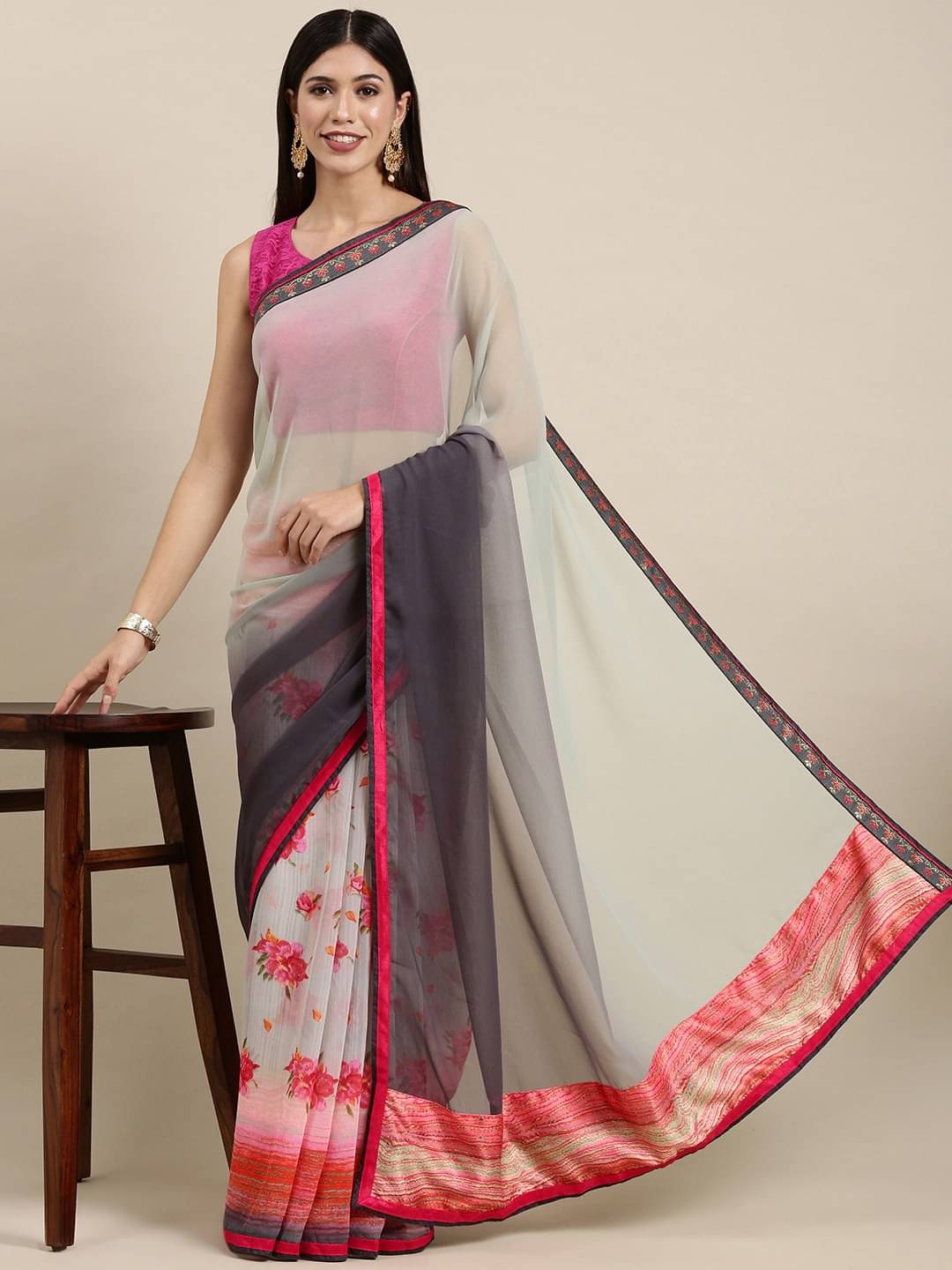 PHORIA STYLE Georgette Printed Saree With Unstitched Blouse Piece ( Grey ) PHORIA STYLE Georgette Printed Saree With Unstitched Blouse Piece ( Grey )