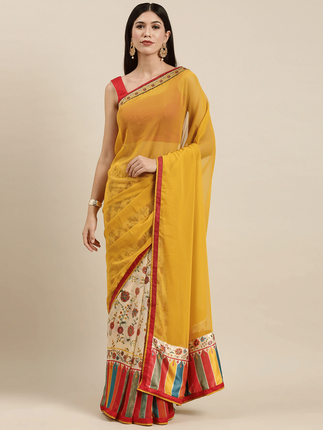PHORIA STYLE Georgette Printed Saree With Unstitched Blouse Piece ( Yellow1 ) PHORIA STYLE Georgette Printed Saree With Unstitched Blouse Piece ( Yellow1 )