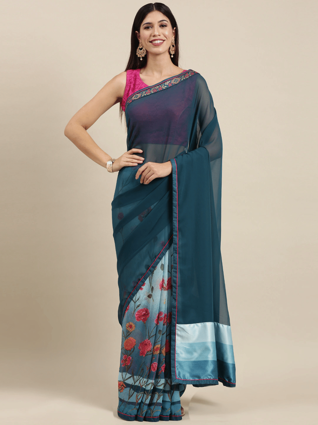 PHORIA STYLE Georgette Printed Saree With Unstitched Blouse Piece ( Teal ) PHORIA STYLE Georgette Printed Saree With Unstitched Blouse Piece ( Teal )