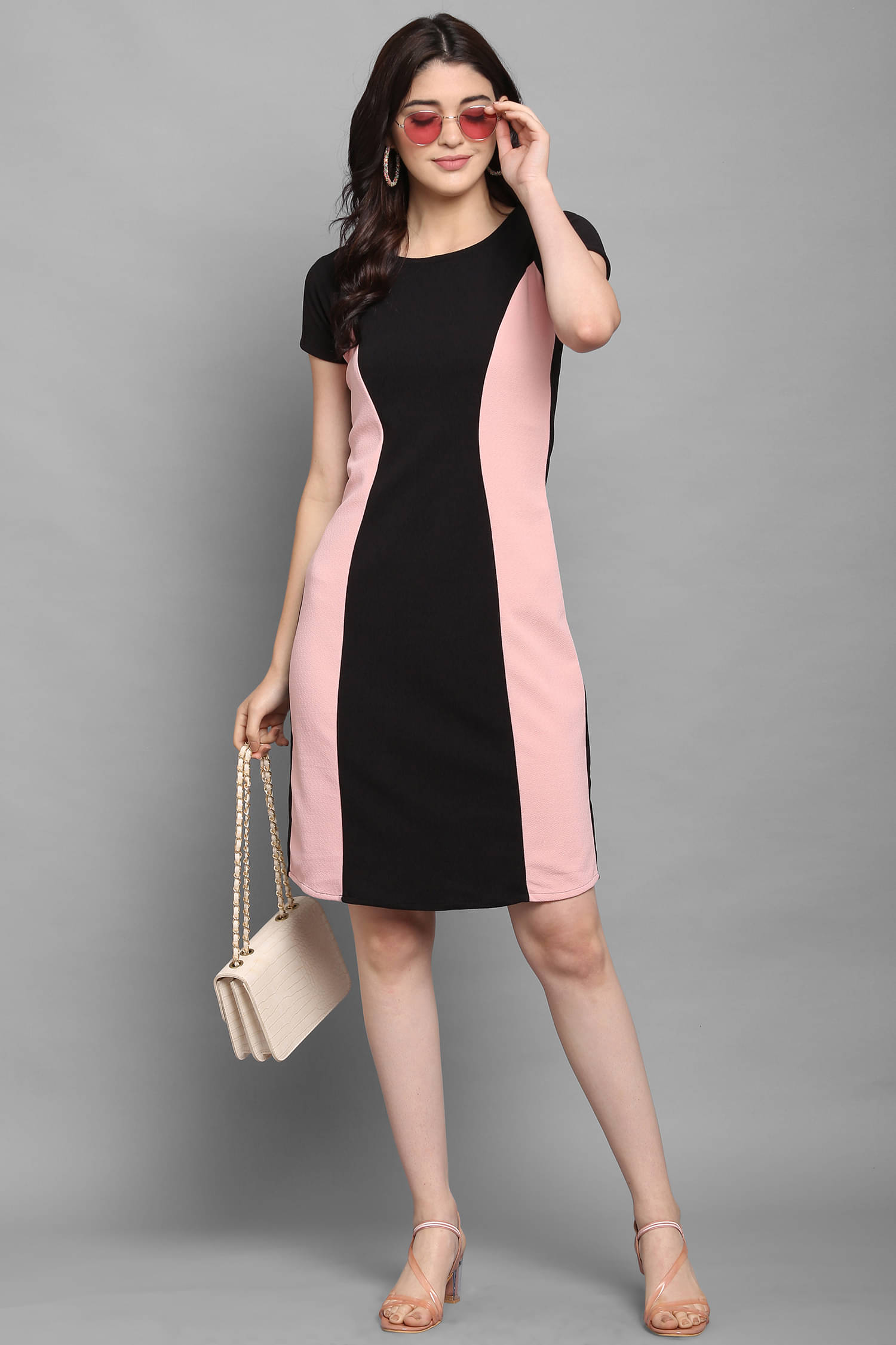 PURVAJA Women Lycra Colorblock Bodycon Dress ( Peach ) PURVAJA Women Lycra Colorblock Bodycon Dress ( Peach )