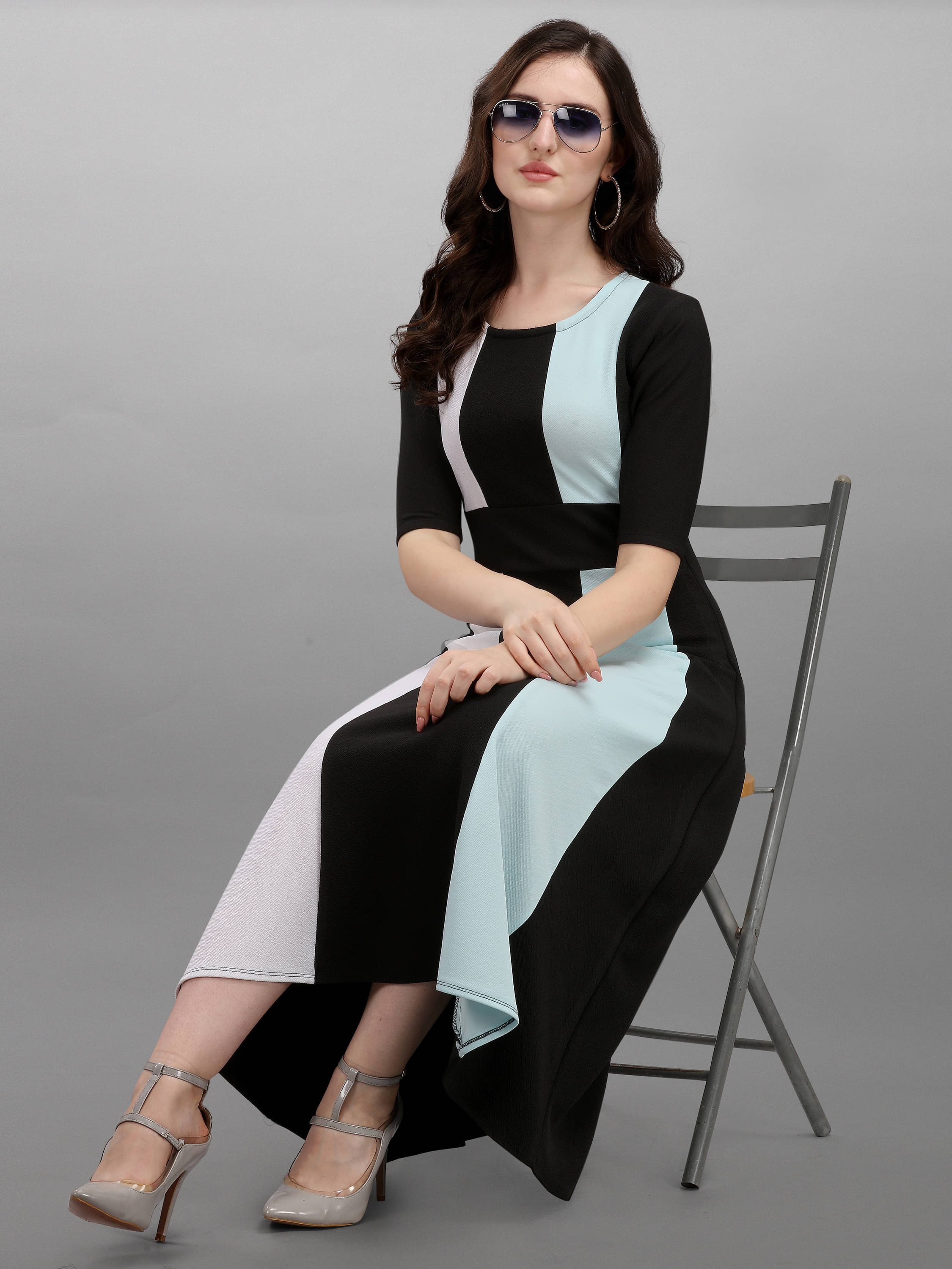     			PURVAJA Women Lycra Colorblock A-line Dress ( Light Blue )