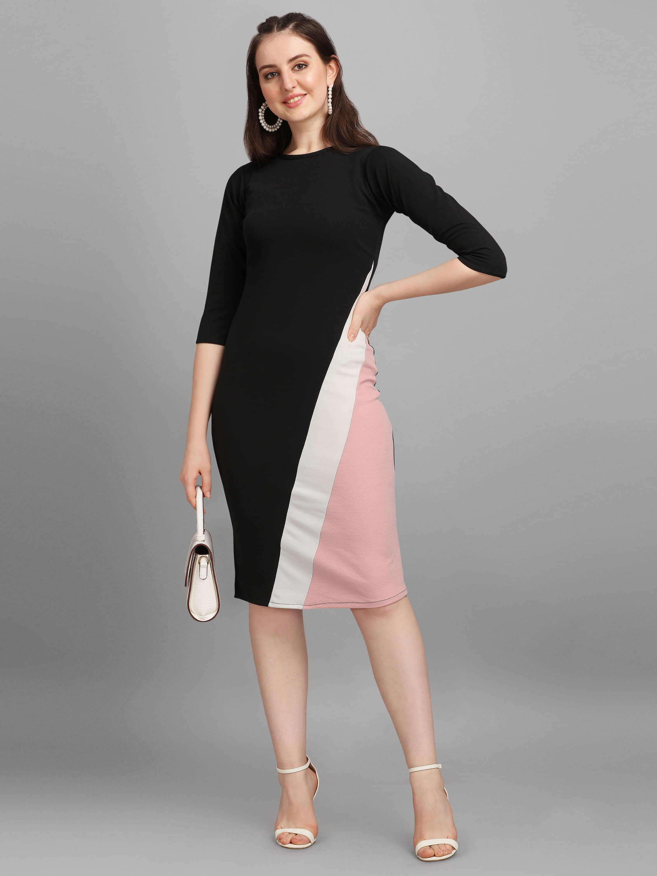 PURVAJA Women Lycra Colorblock Bodycon Dress ( Peach )