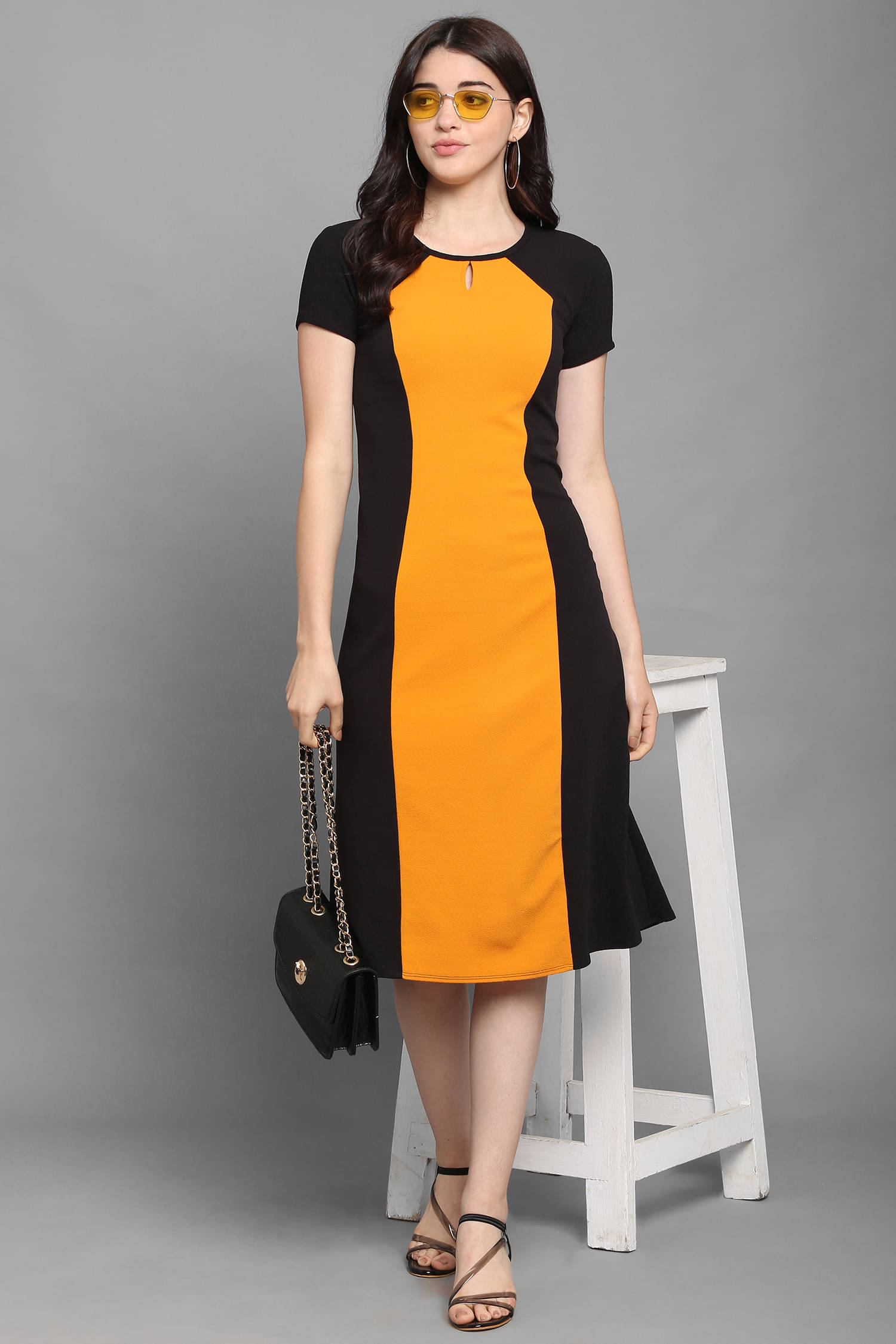 PURVAJA Women Lycra Colorblock A-line Dress ( Yellow ) PURVAJA Women Lycra Colorblock A-line Dress ( Yellow )