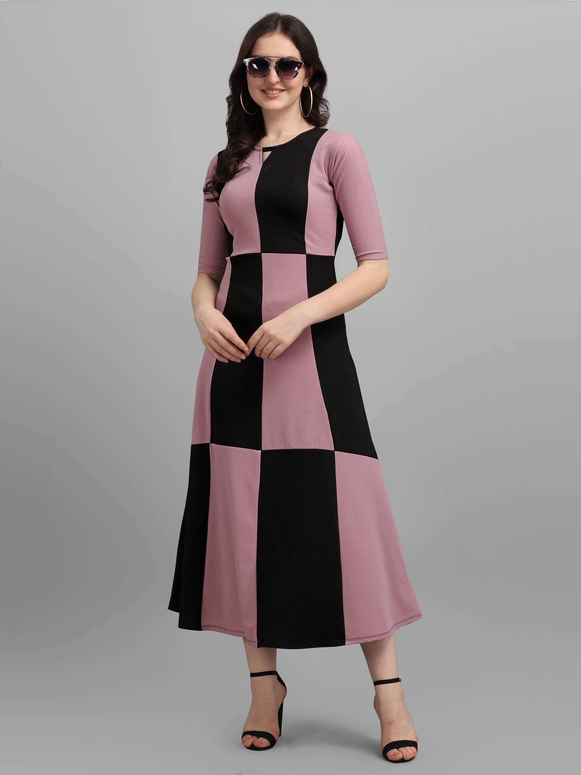     			PURVAJA Women Lycra Colorblock A-line Dress ( Lavender )