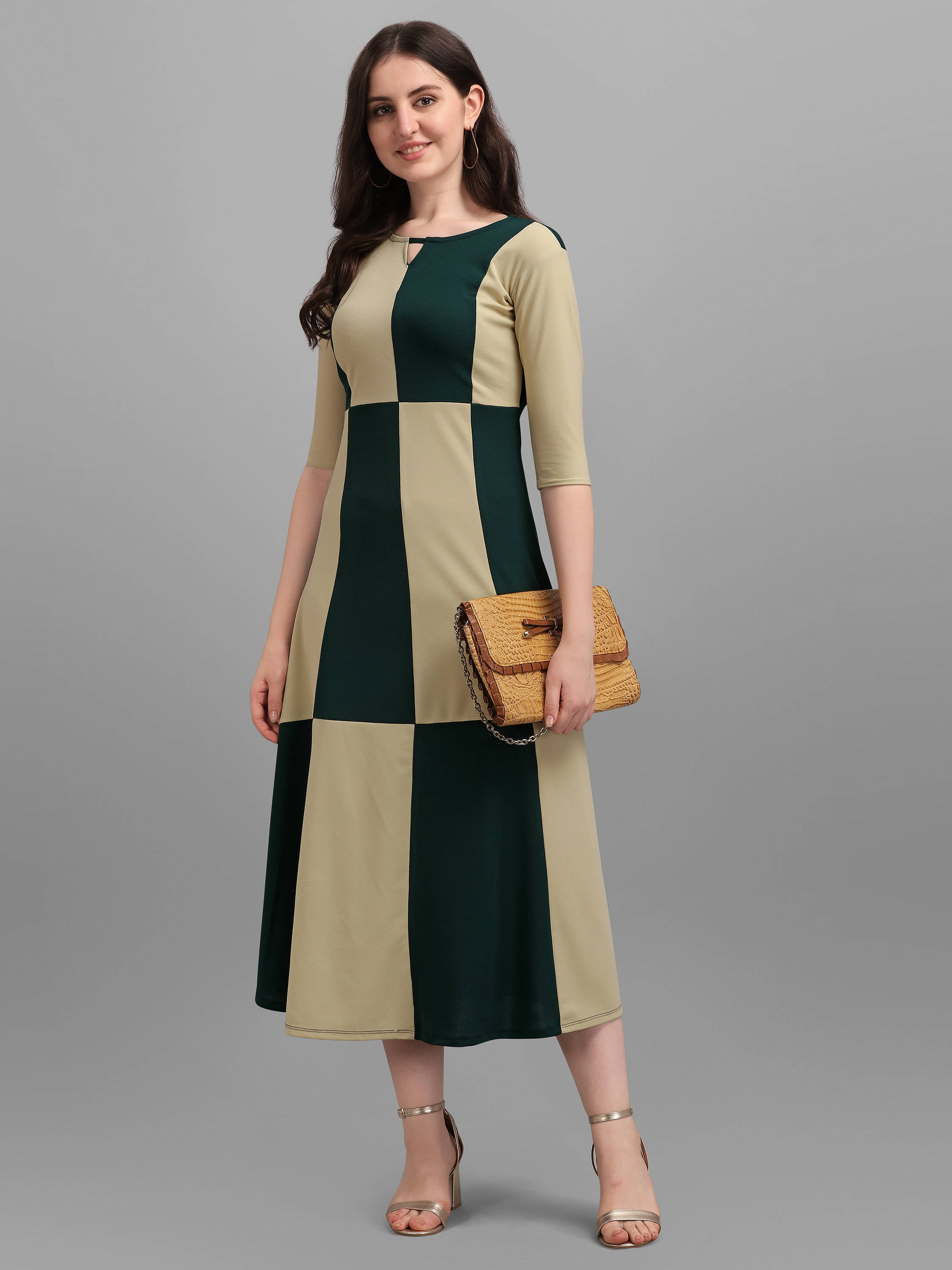 PURVAJA Women Lycra Colorblock A-line Dress ( Green ) PURVAJA Women Lycra Colorblock A-line Dress ( Green )