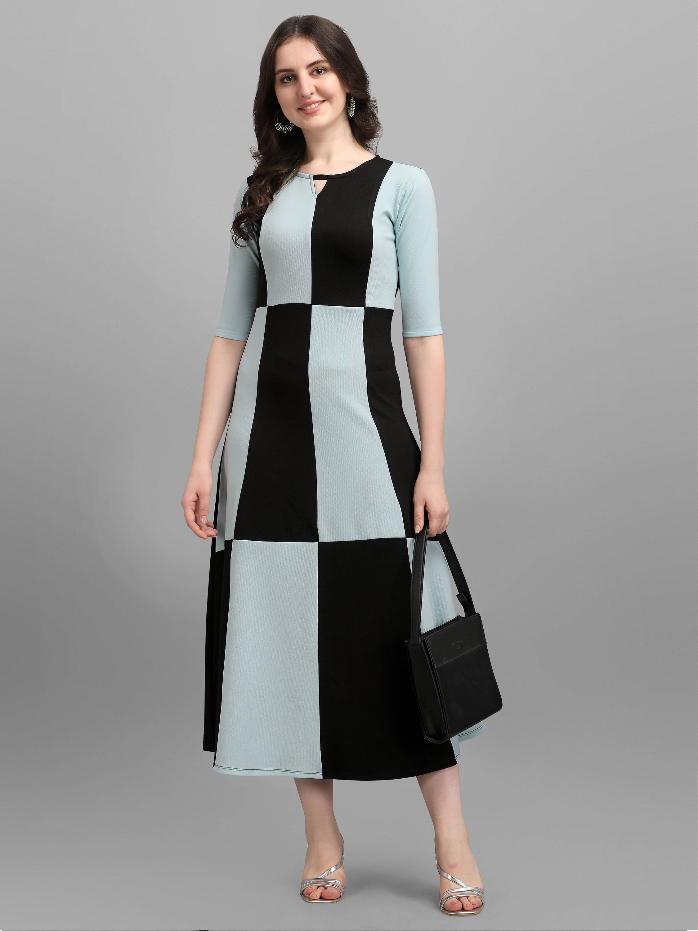     			PURVAJA Women Lycra Colorblock A-line Dress ( Light Blue )