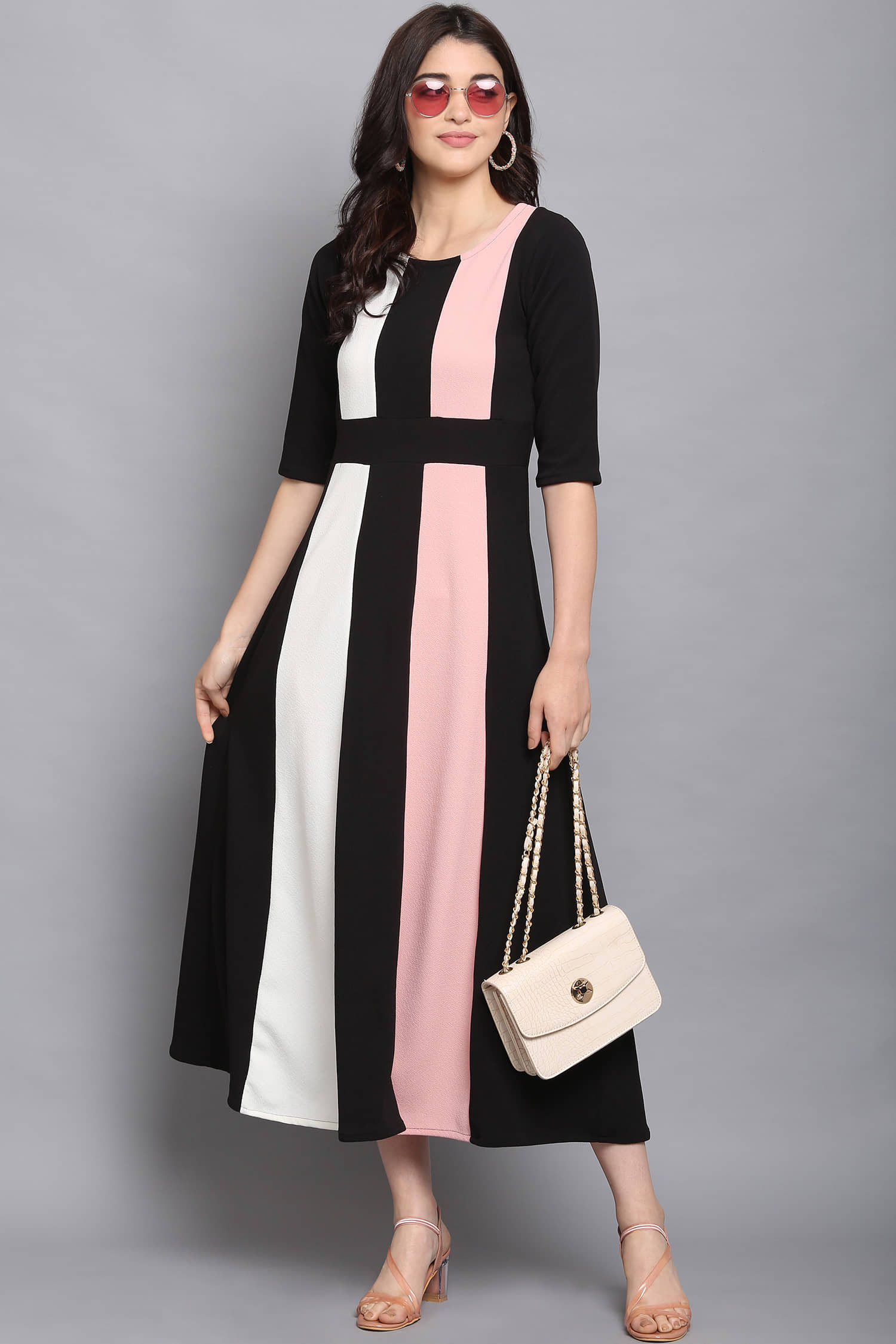 PURVAJA Women Lycra Colorblock A-line Dress ( Peach )