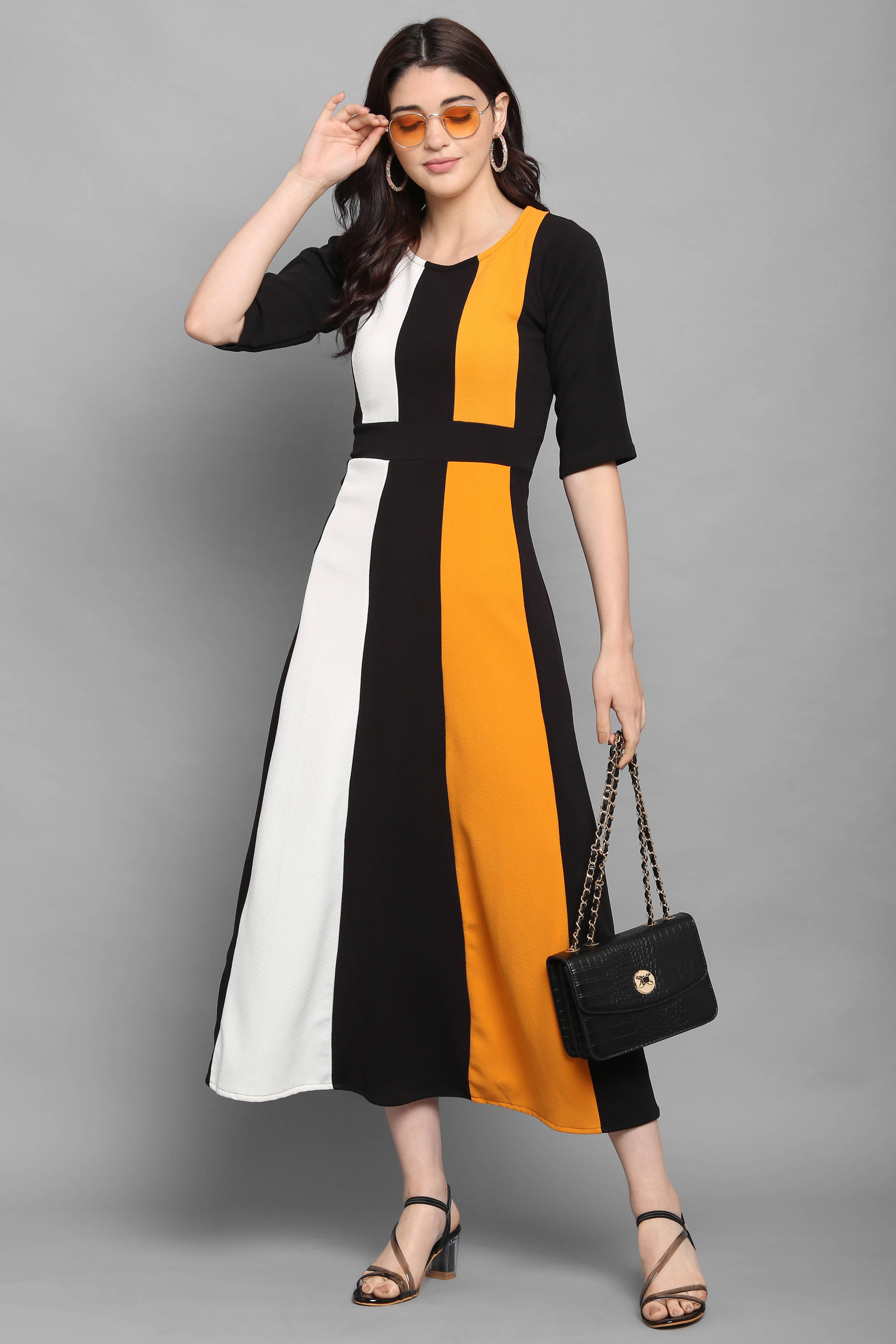     			PURVAJA Women Lycra Colorblock A-line Dress ( Black )