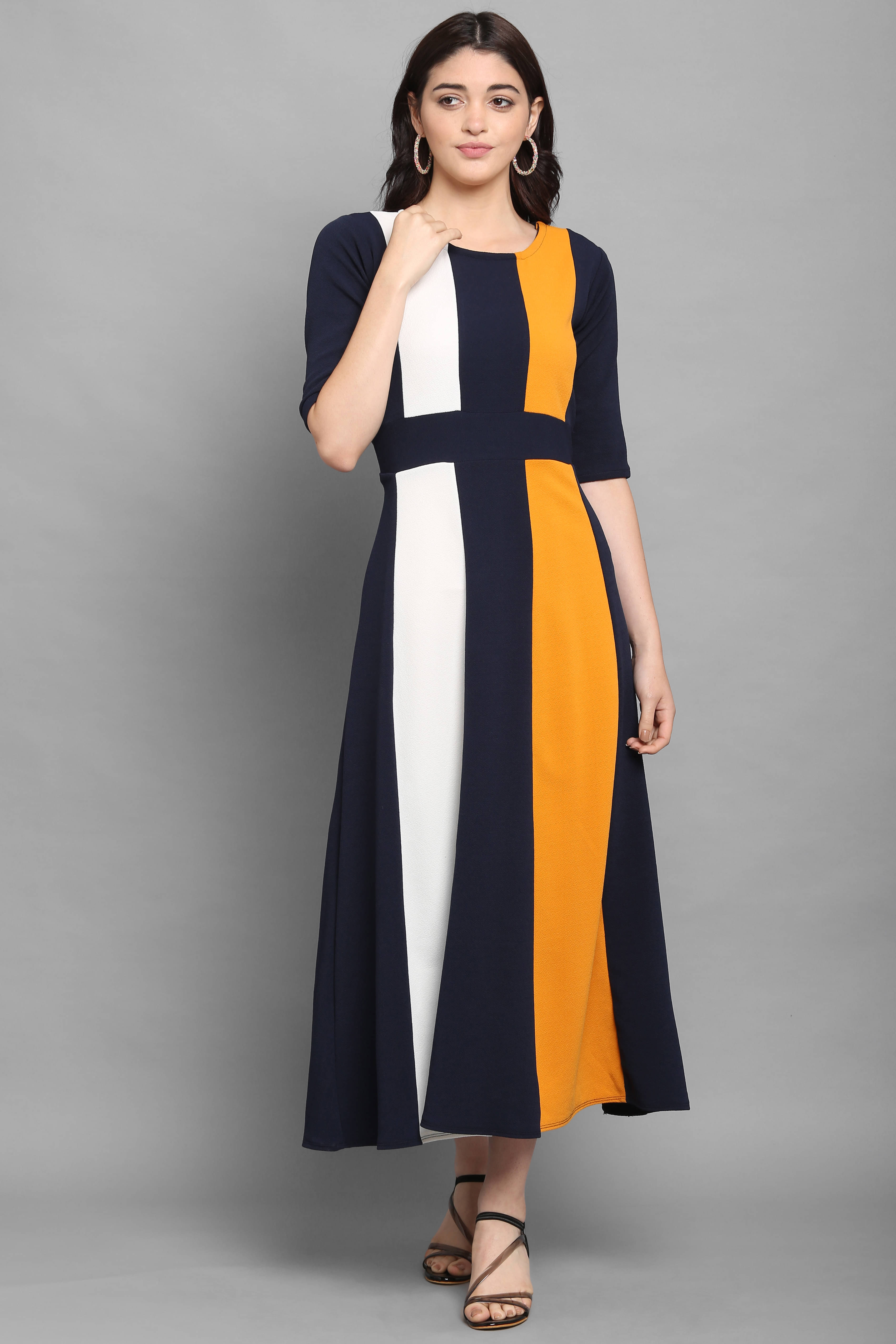     			PURVAJA Women Lycra Colorblock A-line Dress ( Blue )