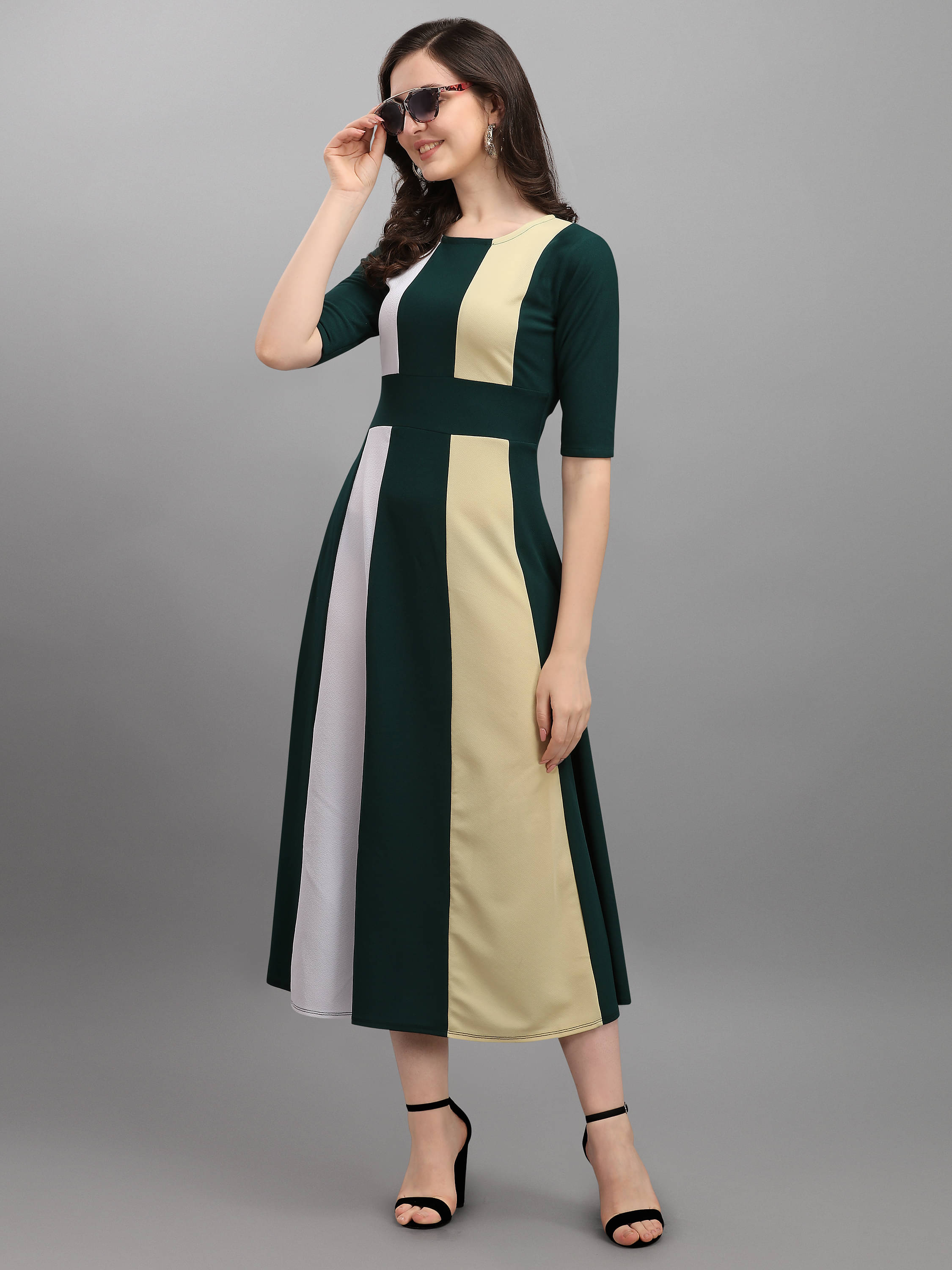     			PURVAJA Women Lycra Colorblock A-line Dress ( Green )