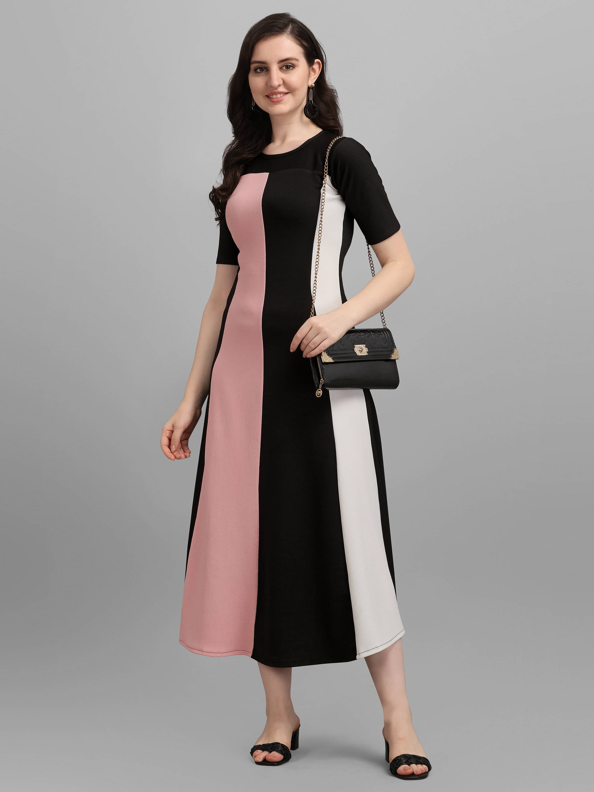     			PURVAJA Women Lycra Colorblock A-line Dress ( Peach )