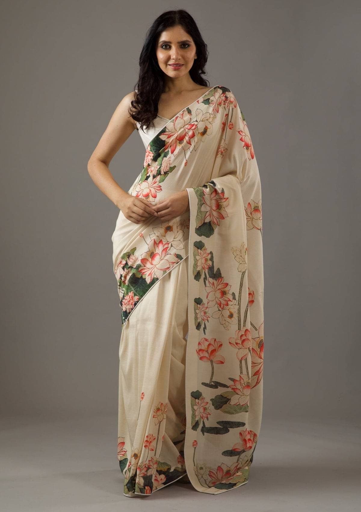     			BLEESBURY Satin Printed Saree With Unstitched Blouse Piece ( Cream )