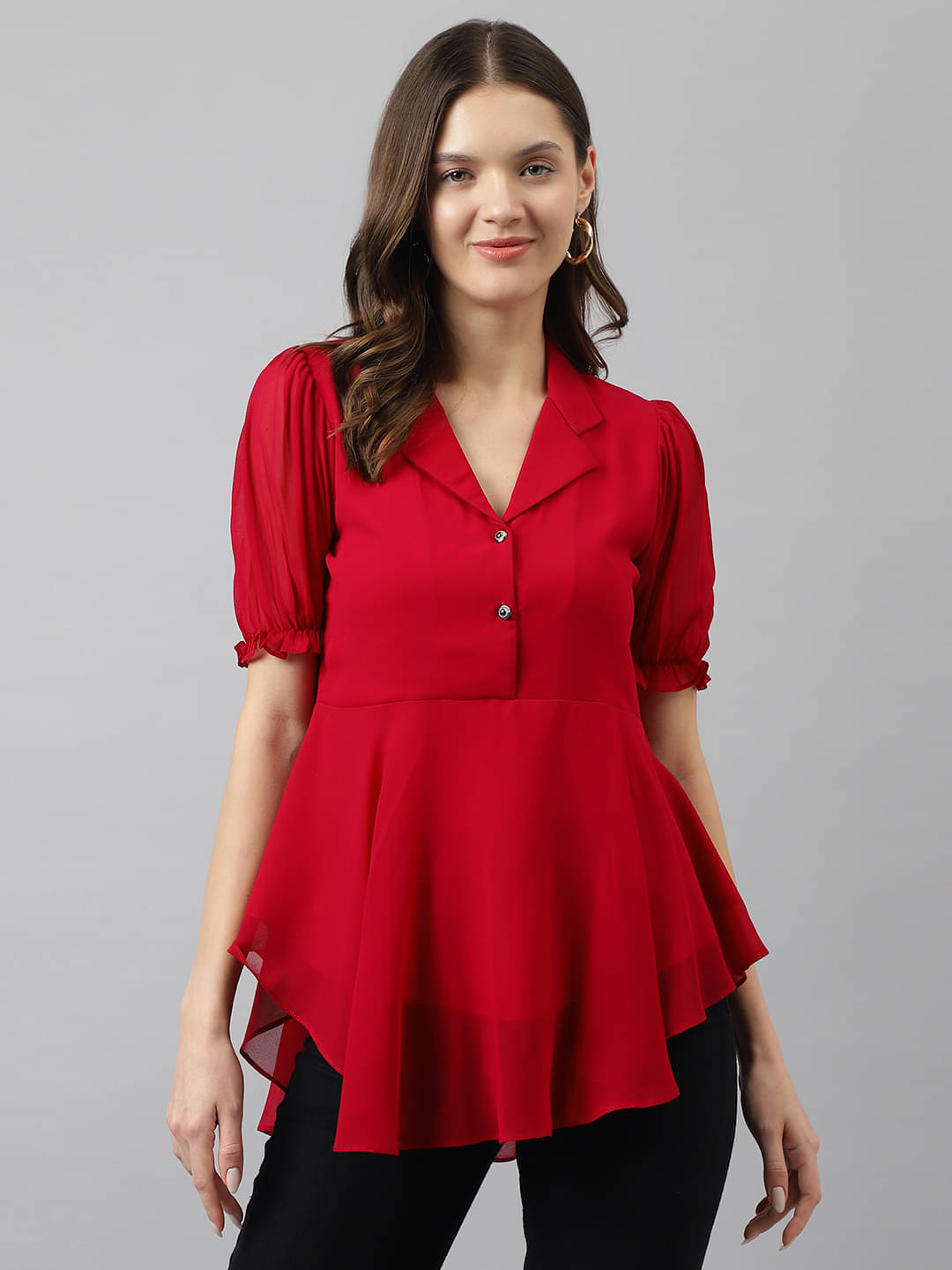     			TOOCHKI Women's Georgette Asymmetrical Top ( Red )