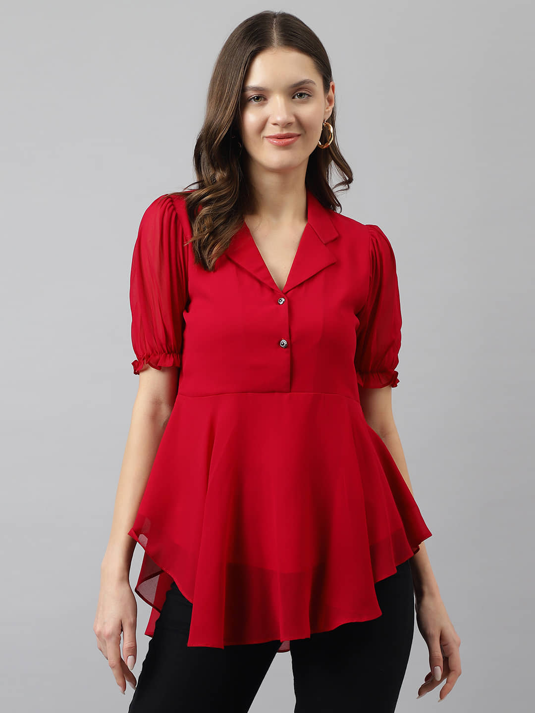 TOOCHKI Women's Georgette Asymmetrical Top ( Red )