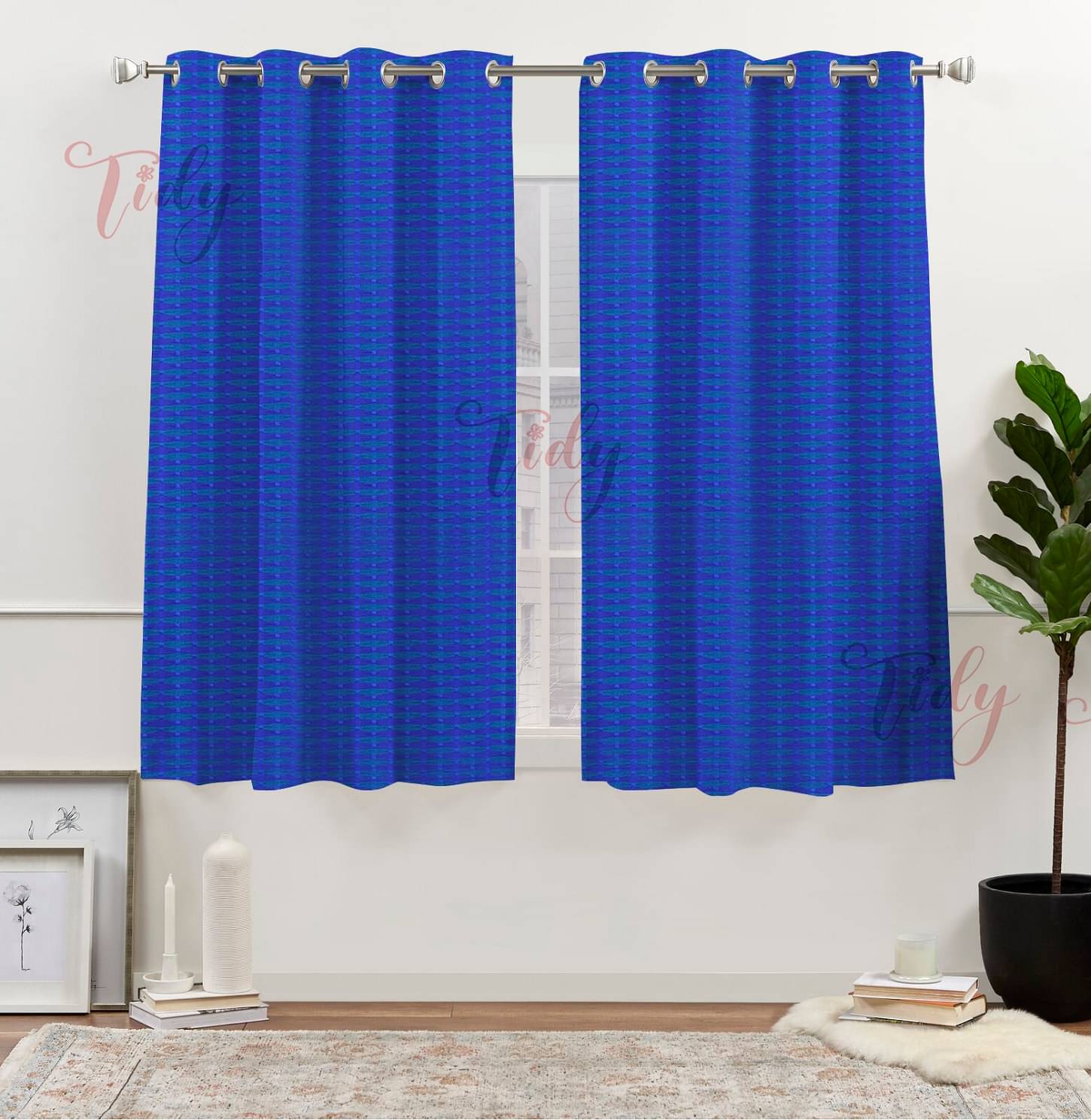     			Tidy Horizontal Striped Room Darkening Eyelet Curtain 5 ft ( Pack of 2 ) - Blue
