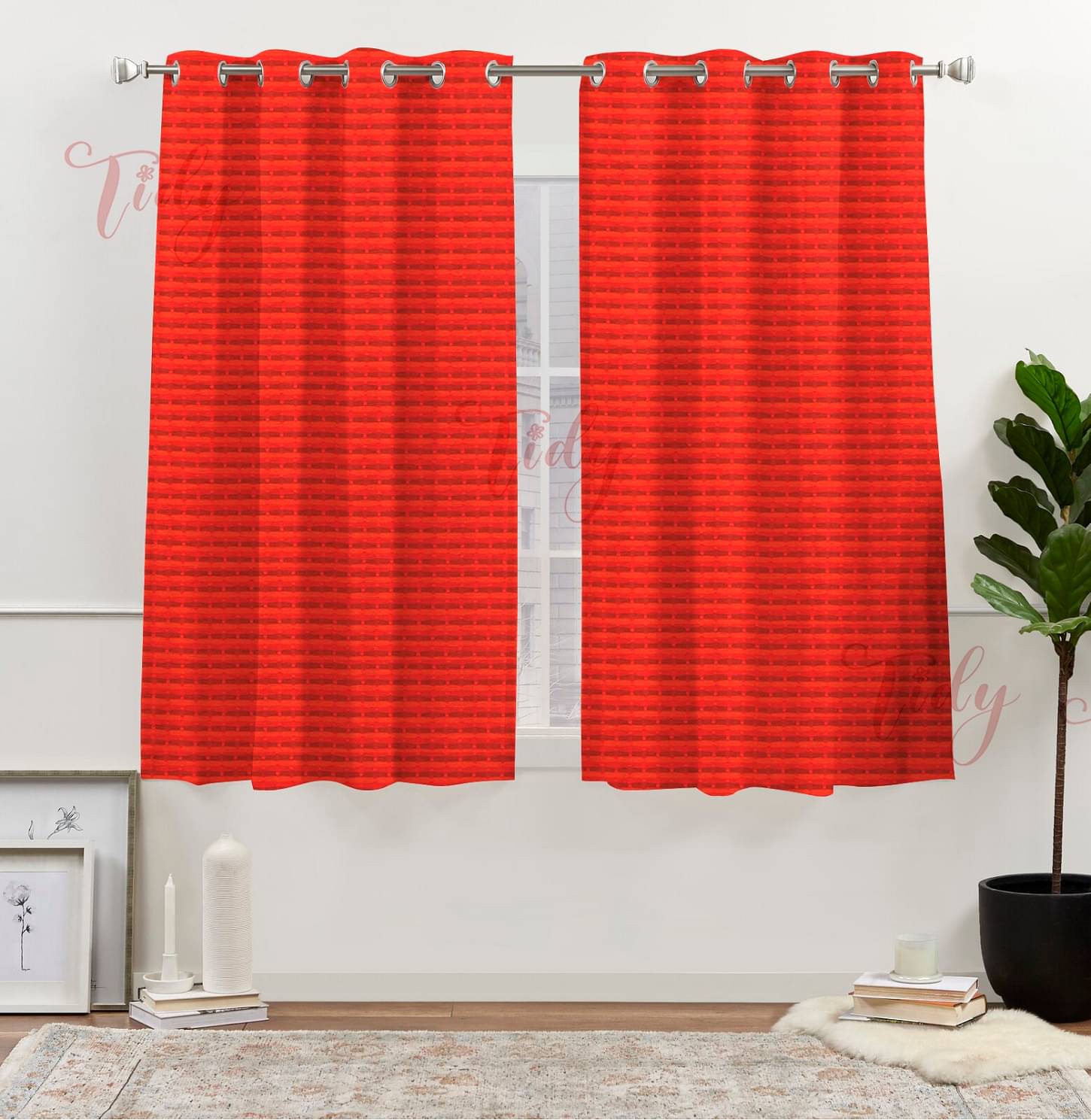     			Tidy Horizontal Striped Room Darkening Eyelet Curtain 5 ft ( Pack of 2 ) - Red