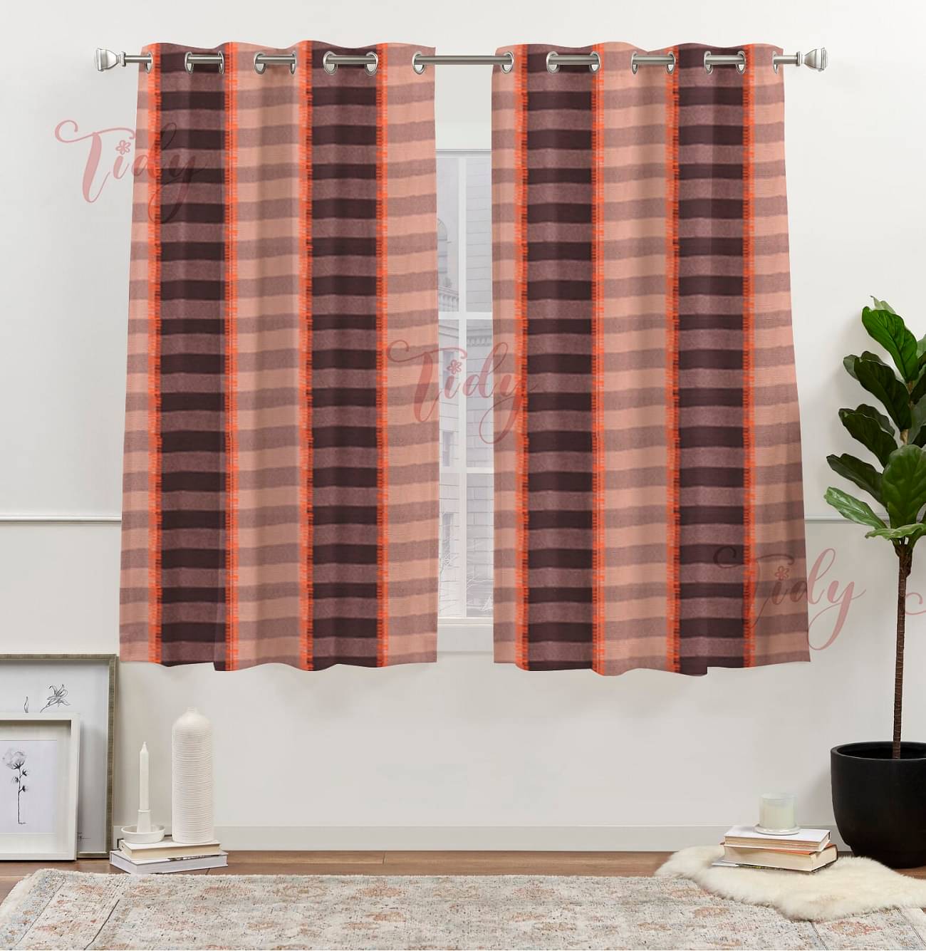 Tidy Horizontal Striped Room Darkening Eyelet Curtain 5 ft ( Pack of 2 ) - Brown Tidy Horizontal Striped Room Darkening Eyelet Curtain 5 ft ( Pack of 2 ) - Brown