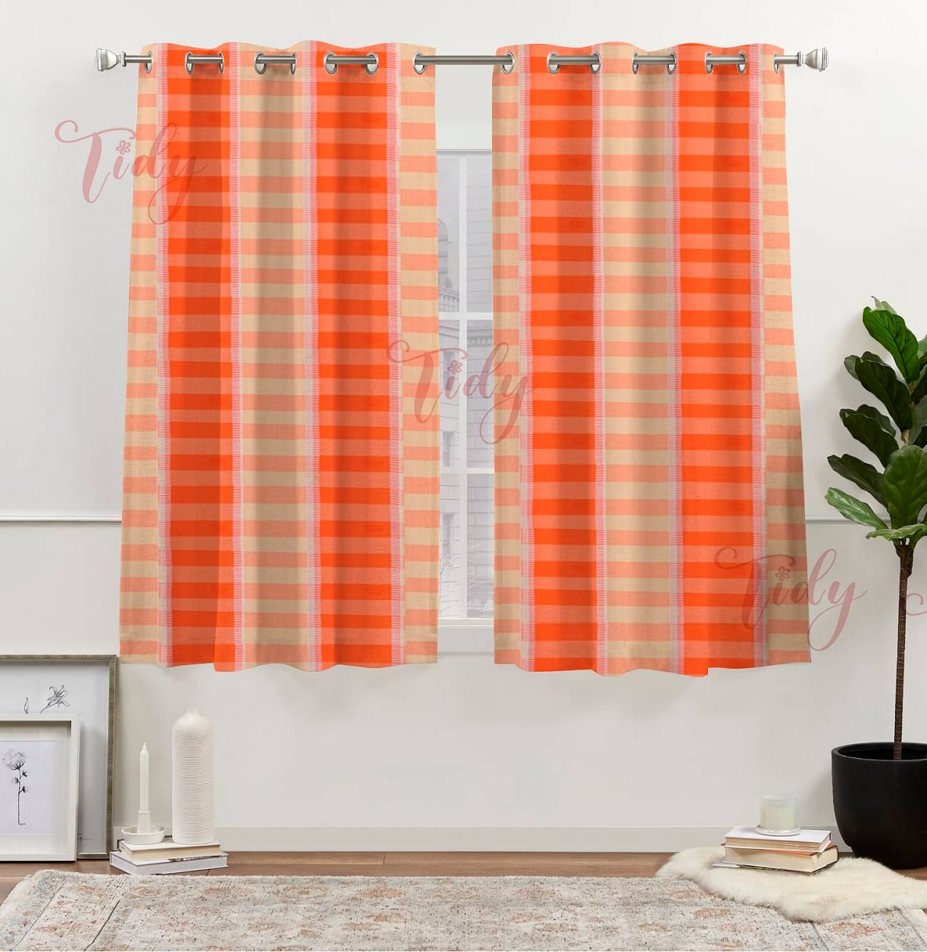 Tidy Horizontal Striped Room Darkening Eyelet Curtain 5 ft ( Pack of 2 ) - Orange Tidy Horizontal Striped Room Darkening Eyelet Curtain 5 ft ( Pack of 2 ) - Orange