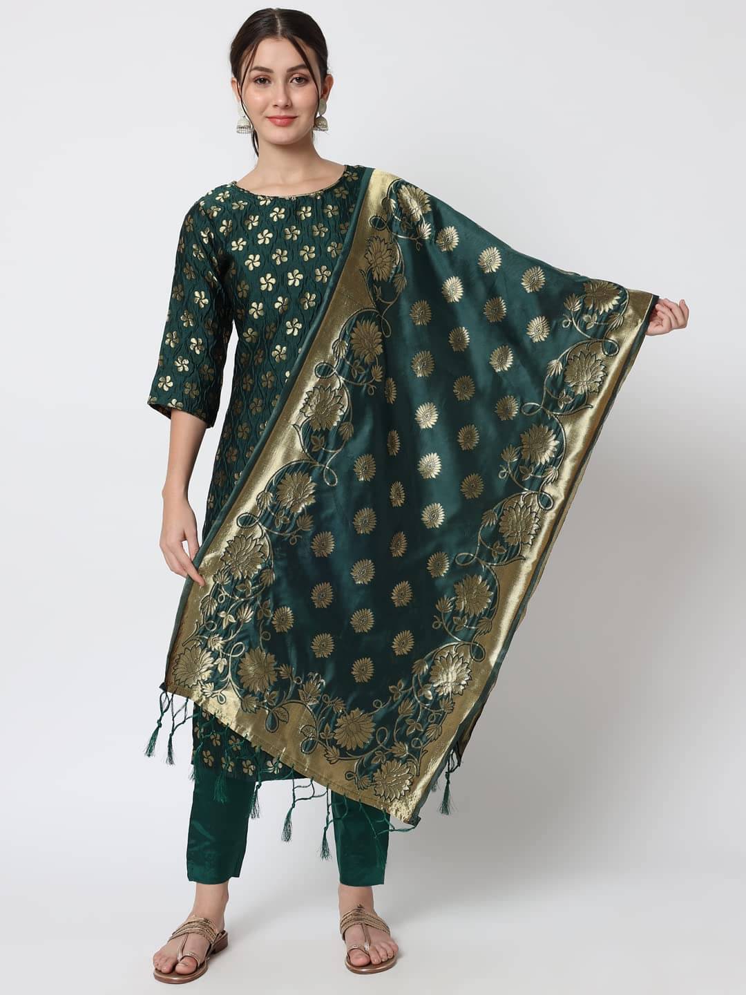     			VredeVogel Cotton Silk Embellished Kurti With Pants Women's Stitched Salwar Suit - Green ( Pack of 1 )