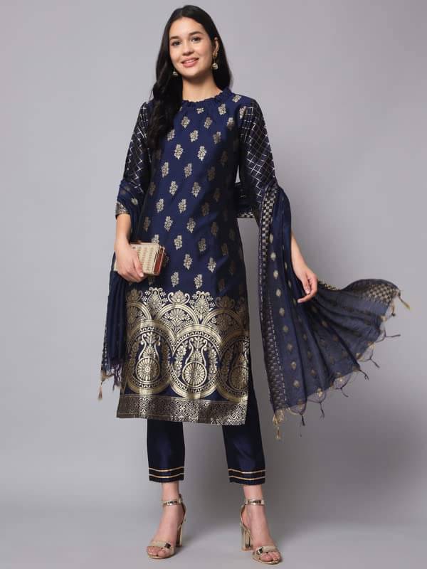     			VredeVogel Cotton Silk Embellished Kurti With Pants Women's Stitched Salwar Suit - Blue ( Pack of 1 )
