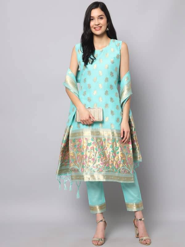 VredeVogel Cotton Silk Embellished Kurti With Pants Women's Stitched Salwar Suit - Blue ( Pack of 1 ) VredeVogel Cotton Silk Embellished Kurti With Pants Women's Stitched Salwar Suit - Blue ( Pack of 1 )