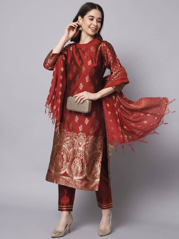     			VredeVogel Cotton Silk Embellished Kurti With Pants Women's Stitched Salwar Suit - Maroon ( Pack of 1 )