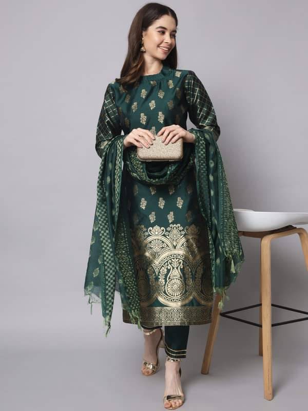 VredeVogel Cotton Silk Embellished Kurti With Pants Women's Stitched Salwar Suit - Green ( Pack of 1 )     			VredeVogel Cotton Silk Embellished Kurti With Pants Women's Stitched Salwar Suit - Green ( Pack of 1 )