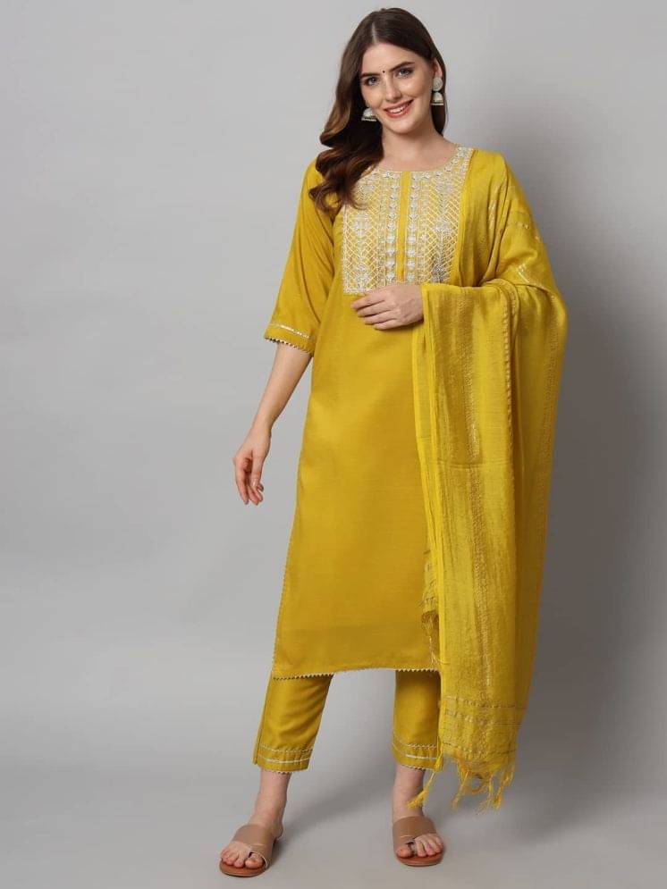 VredeVogel Cotton Silk Embroidered Kurti With Pants Women's Stitched Salwar Suit - Yellow ( Pack of 1 )     			VredeVogel Cotton Silk Embroidered Kurti With Pants Women's Stitched Salwar Suit - Yellow ( Pack of 1 )