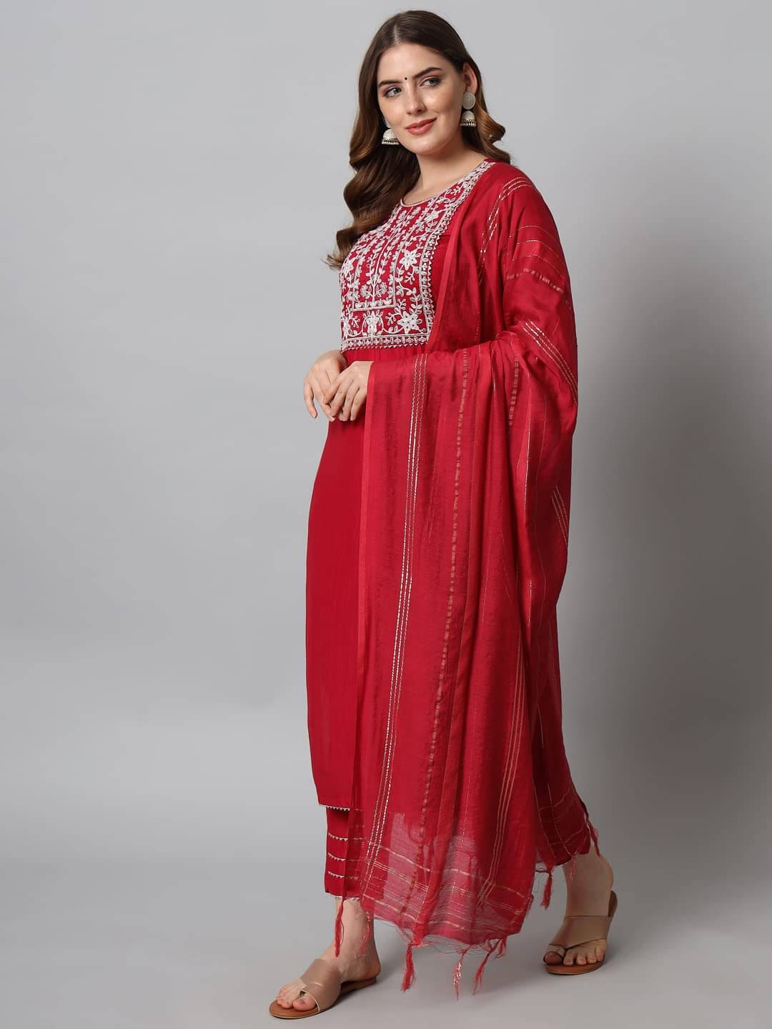     			VredeVogel Cotton Silk Embroidered Kurti With Pants Women's Stitched Salwar Suit - Red ( Pack of 1 )