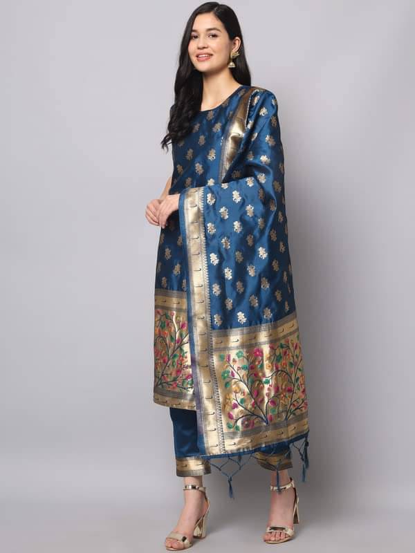 VredeVogel Cotton Silk Printed Kurti With Pants Women's Stitched Salwar Suit - Blue ( Pack of 1 )     			VredeVogel Cotton Silk Printed Kurti With Pants Women's Stitched Salwar Suit - Blue ( Pack of 1 )