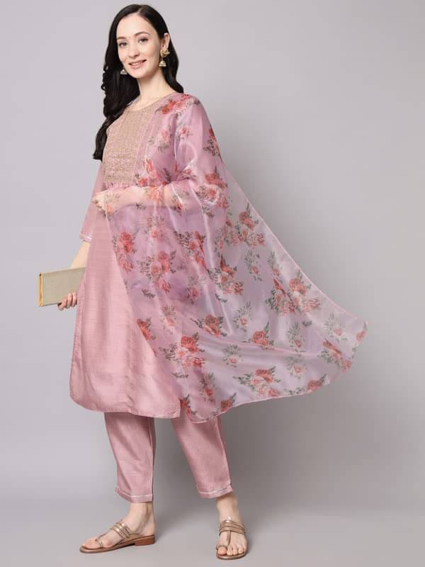 VredeVogel Silk Blend Embellished Kurti With Pants Women's Stitched Salwar Suit - Pink ( Pack of 1 )     			VredeVogel Silk Blend Embellished Kurti With Pants Women's Stitched Salwar Suit - Pink ( Pack of 1 )
