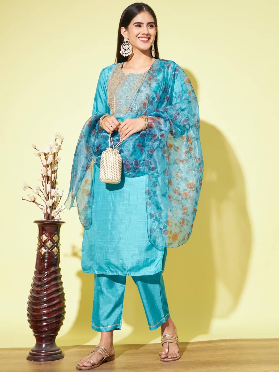     			VredeVogel Silk Blend Embellished Kurti With Pants Women's Stitched Salwar Suit - Blue ( Pack of 1 )