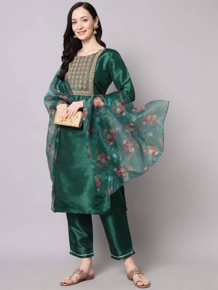 VredeVogel Silk Blend Embellished Kurti With Pants Women's Stitched Salwar Suit - Green ( Pack of 1 ) VredeVogel Silk Blend Embellished Kurti With Pants Women's Stitched Salwar Suit - Green ( Pack of 1 )