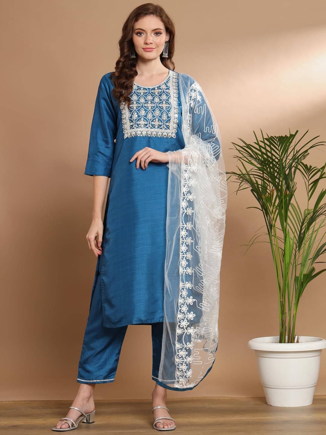     			VredeVogel Silk Blend Embroidered Kurti With Pants Women's Stitched Salwar Suit - Teal ( Pack of 1 )