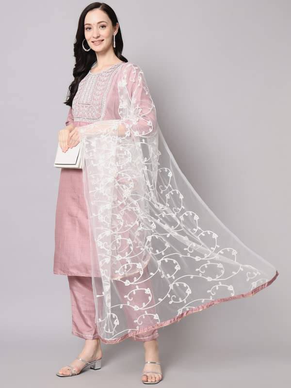 VredeVogel Silk Blend Embroidered Kurti With Pants Women's Stitched Salwar Suit - Pink ( Pack of 1 ) VredeVogel Silk Blend Embroidered Kurti With Pants Women's Stitched Salwar Suit - Pink ( Pack of 1 )