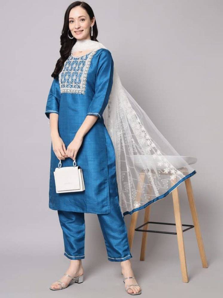 VredeVogel Silk Blend Embroidered Kurti With Pants Women's Stitched Salwar Suit - Teal ( Pack of 1 ) VredeVogel Silk Blend Embroidered Kurti With Pants Women's Stitched Salwar Suit - Teal ( Pack of 1 )