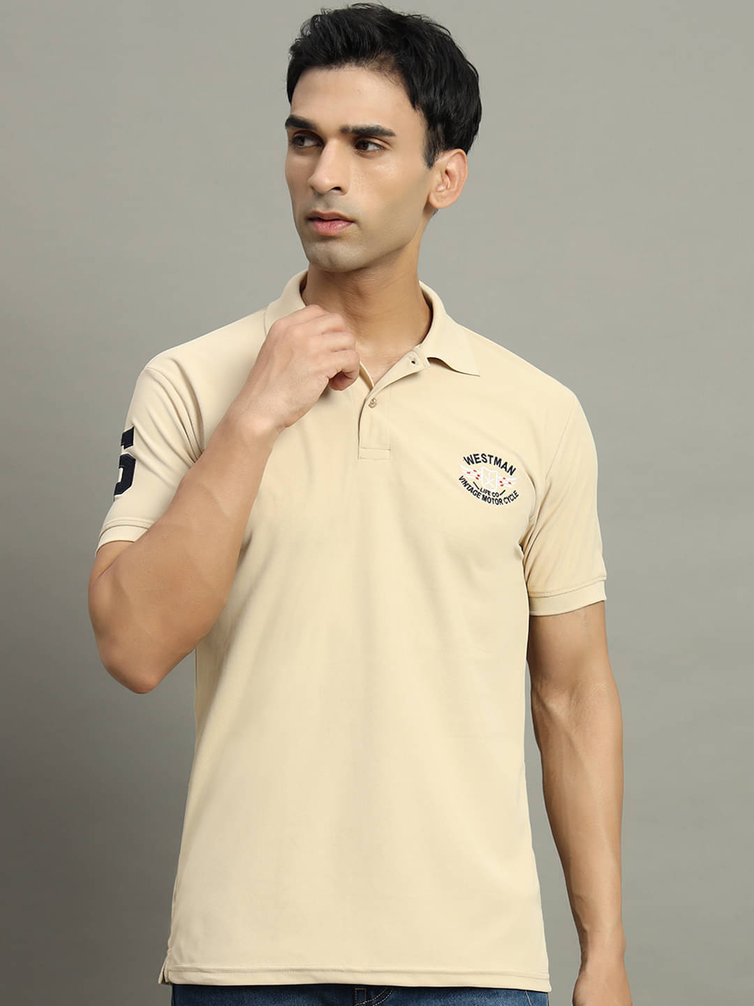 WESTMAN Pack of 1 Cotton Blend Regular Fit Embroidered Half Sleeves Men's Polo T Shirt ( Beige ) WESTMAN Pack of 1 Cotton Blend Regular Fit Embroidered Half Sleeves Men's Polo T Shirt ( Beige )