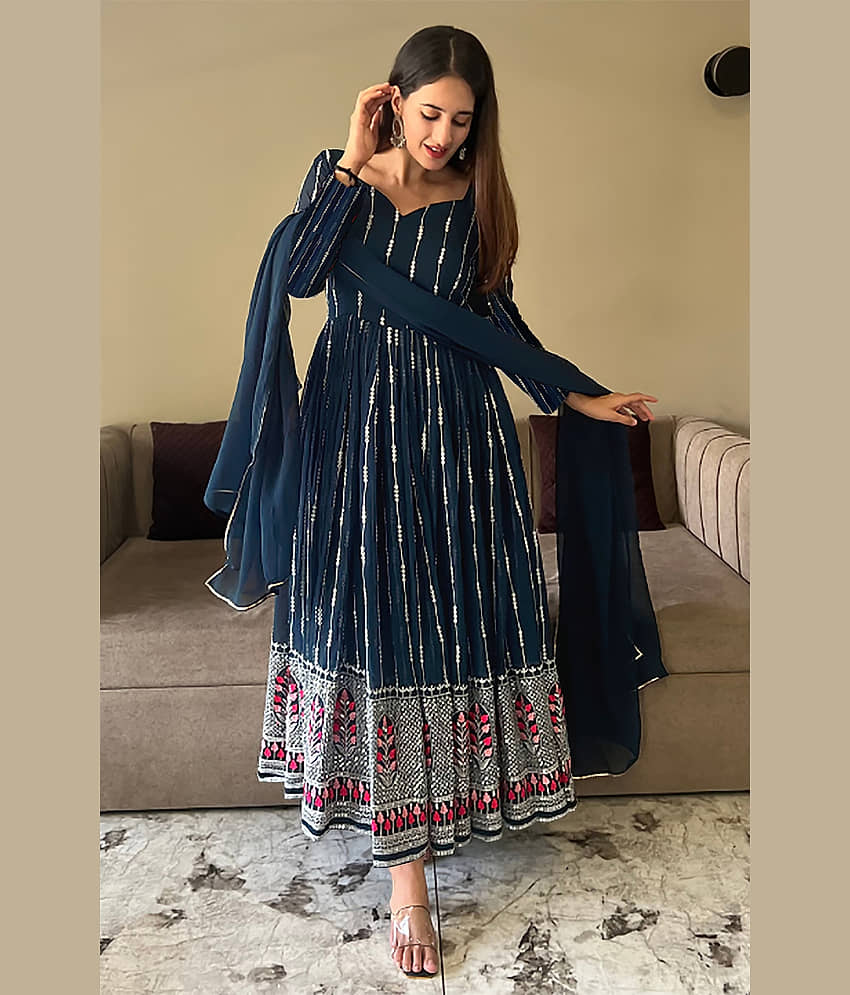kedar fab Blue Anarkali Georgette Women's Stitched Ethnic Gown ( Pack of 1 ) - Unstitched Fabrics | Buy online on ZillyBuy